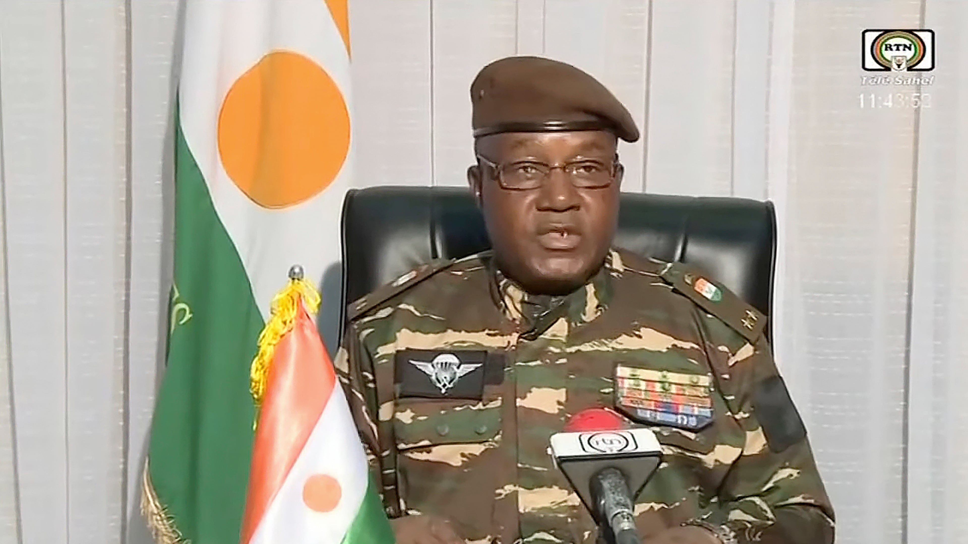 FILE -In this image taken from video provided by ORTN, Gen. Abdourahmane Tchiani makes a statement, July 28, 2023, in Niamey, Niger. (ORTN via AP, File)