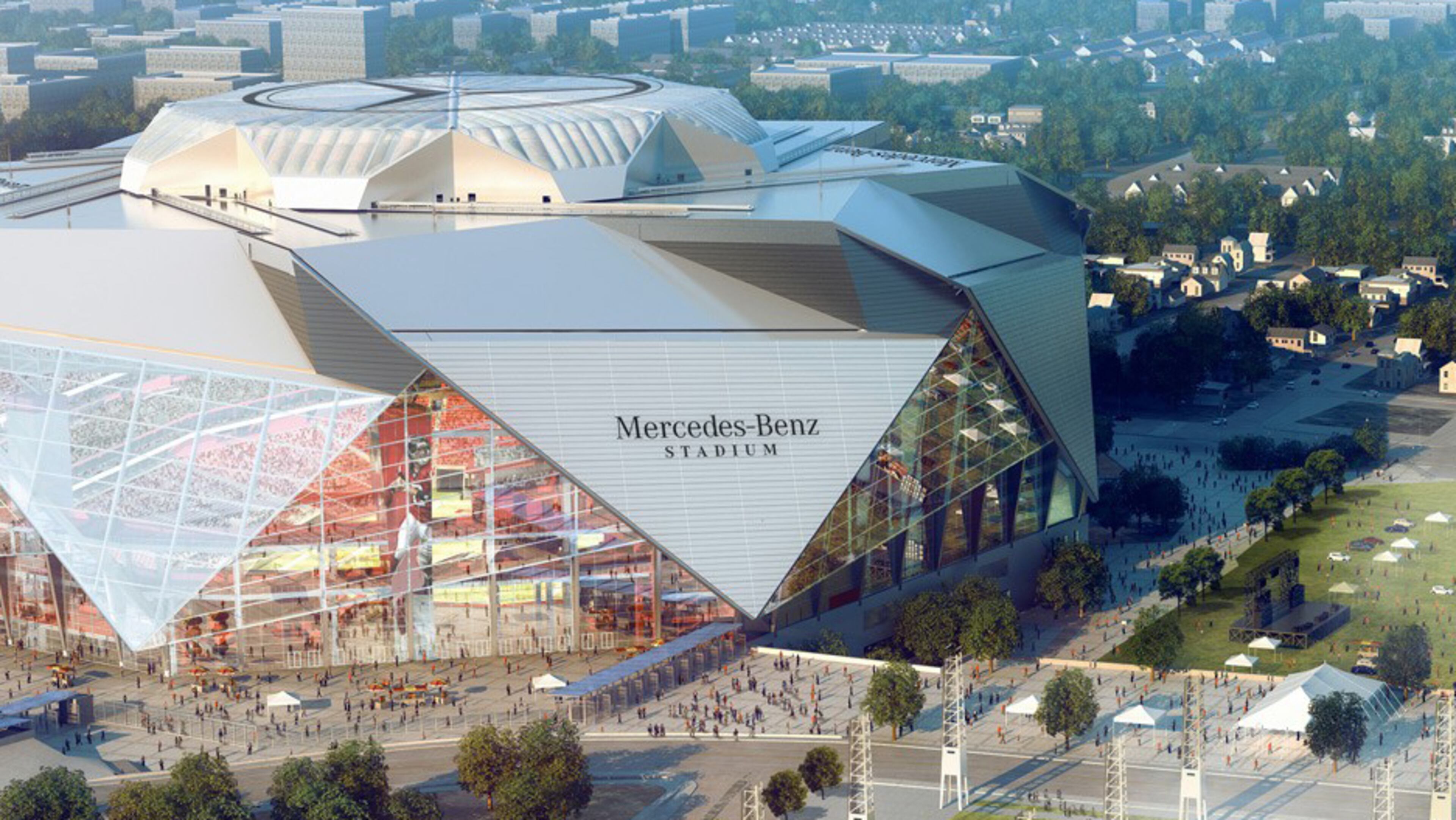 Rendering of an aerial view of the northeast side of Falcons' new stadium, Mercedes-Benz Stadium, in Atlanta.