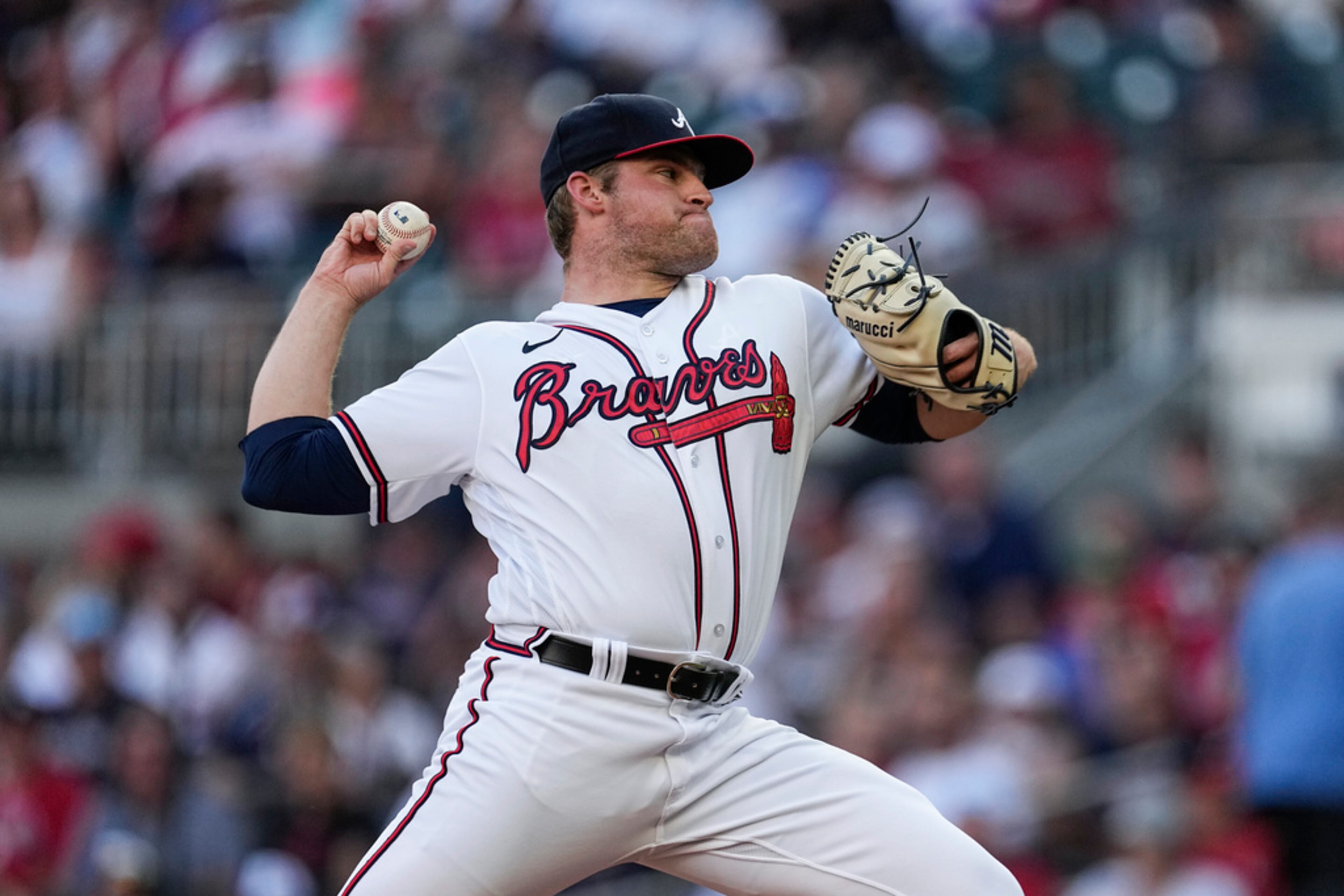 Atlanta Braves starting pitcher Bryce Elder (55) works against the Minnesota Twins in the first inning of a baseball game Tuesday, June 27, 2023, in Atlanta. (AP Photo/John Bazemore)