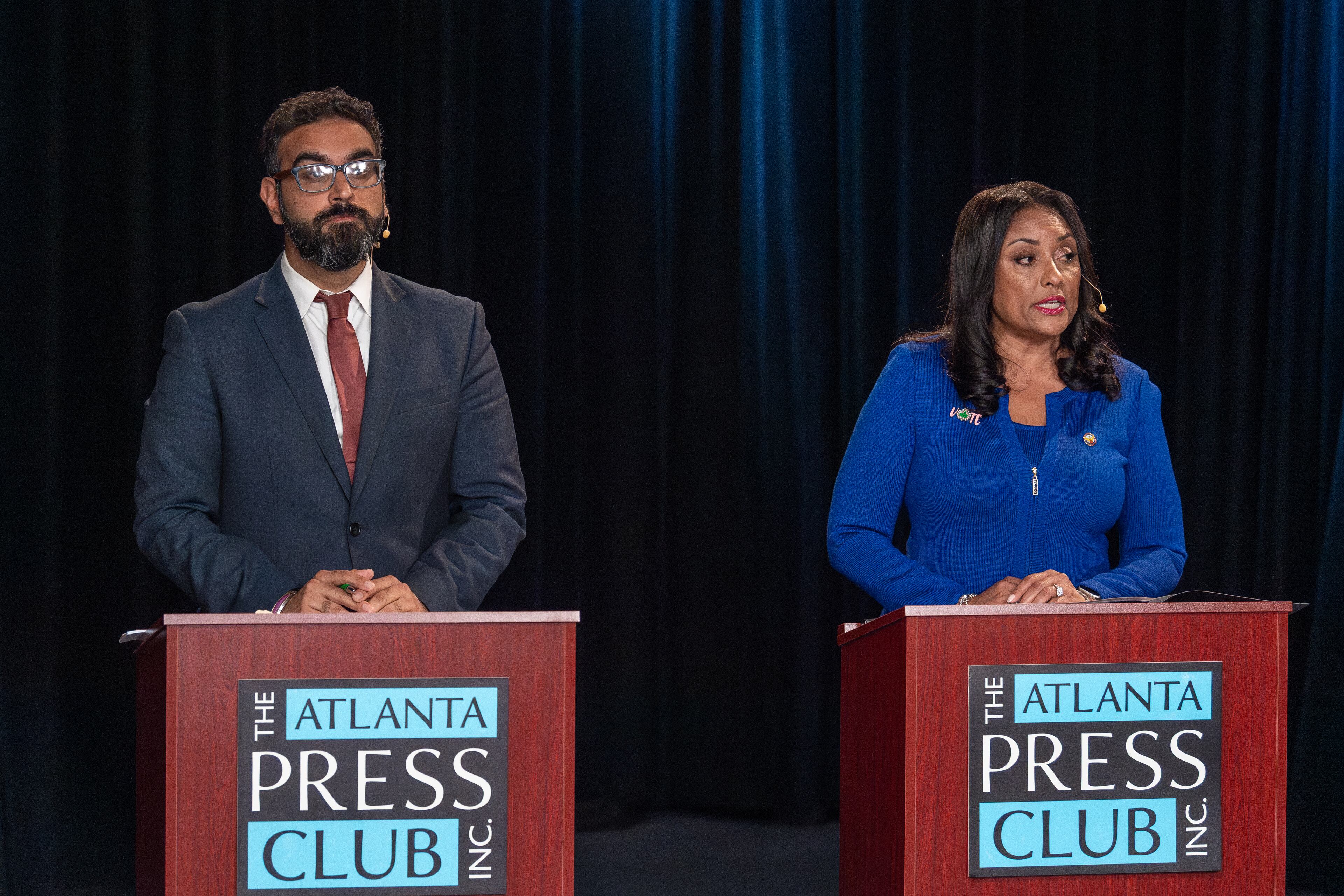 Candidates for Atlanta City Council president: Rohit Malhotra (left) and Council member Marci Collier Overstreet (right) faced off during an Atlanta Press Club debate last week.