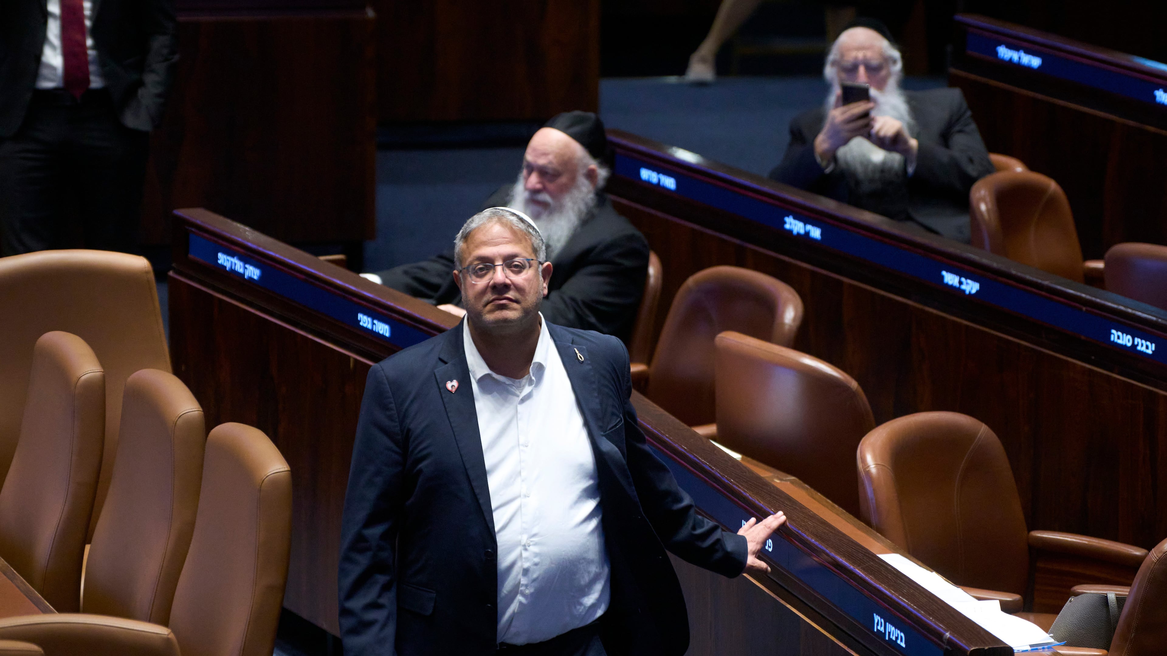 Israel's Minister of National Security, Itamar Ben-Gvir in the Israeli parliament, during a session considering a bill to dissolve the government in Jerusalem,Wednesday, May 20,2026. (AP Photo/Ohad Zwigenberg)