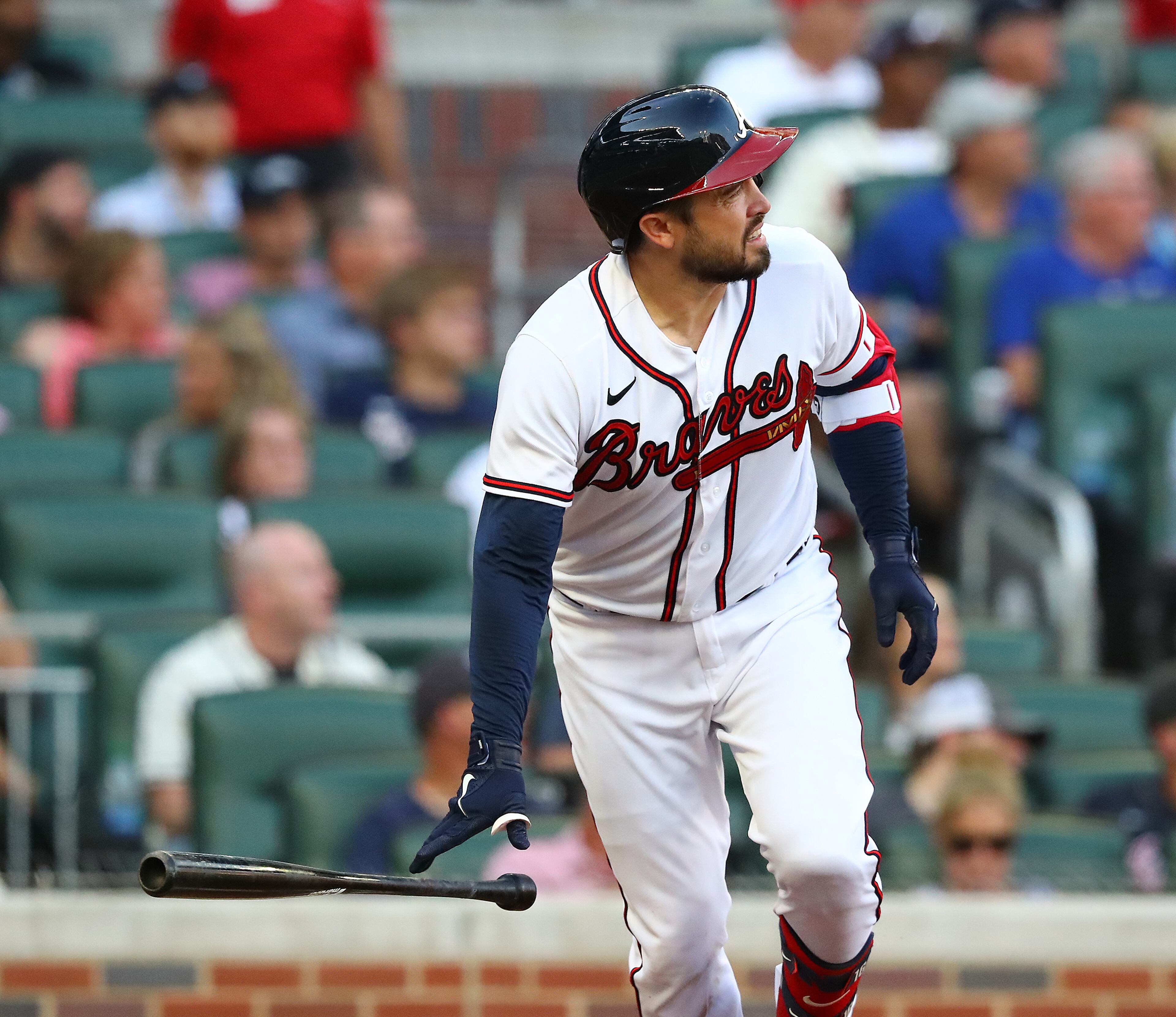 Braves catcher Travis d’Arnaud watches his solo homer leave the park against the Giants during the second inning Monday, June 20, 2022, in Atlanta. (Curtis Compton / Curtis.Compton@ajc.com)