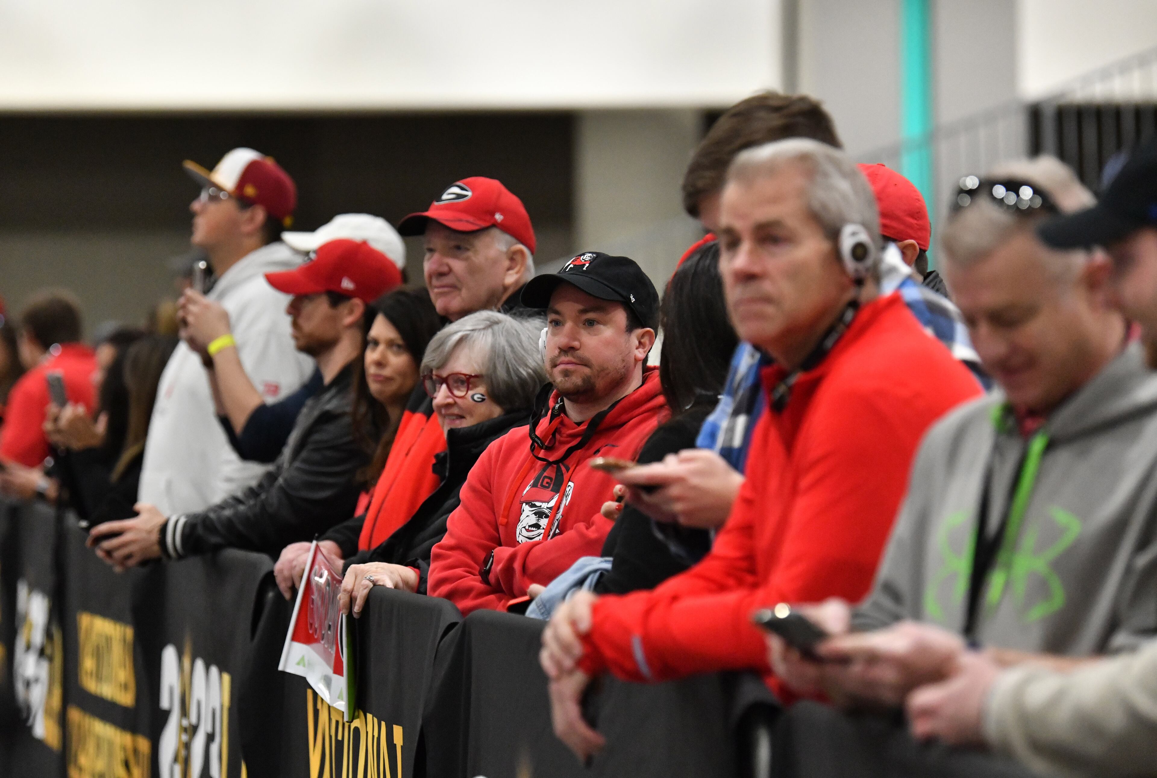 Georgia fans watch during a media day ahead of the national championship NCAA College Football Playoff game between Georgia and TCU, Saturday, Jan. 7, 2023, in Los Angeles. (Hyosub Shin / Hyosub.Shin@ajc.com)