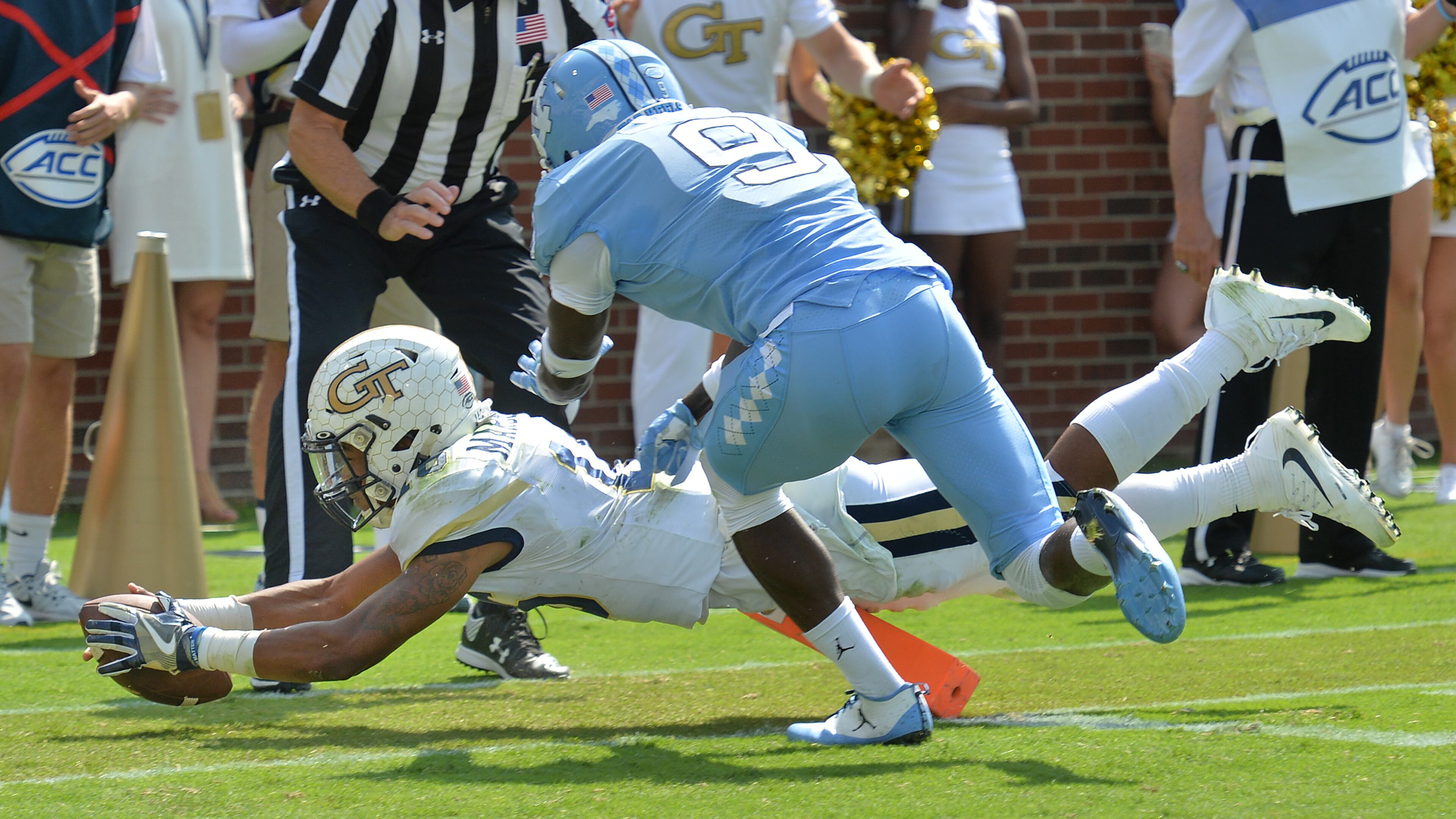 September 30, 2017 Atlanta - Georgia Tech quarterback TaQuon Marshall (16) dives into the endzone for a touchdown in the first half of an NCAA college football game against the North Carolina at Bobby Dodd Stadium on Saturday, September 30, 2017. HYOSUB SHIN / HSHIN@AJC.COM