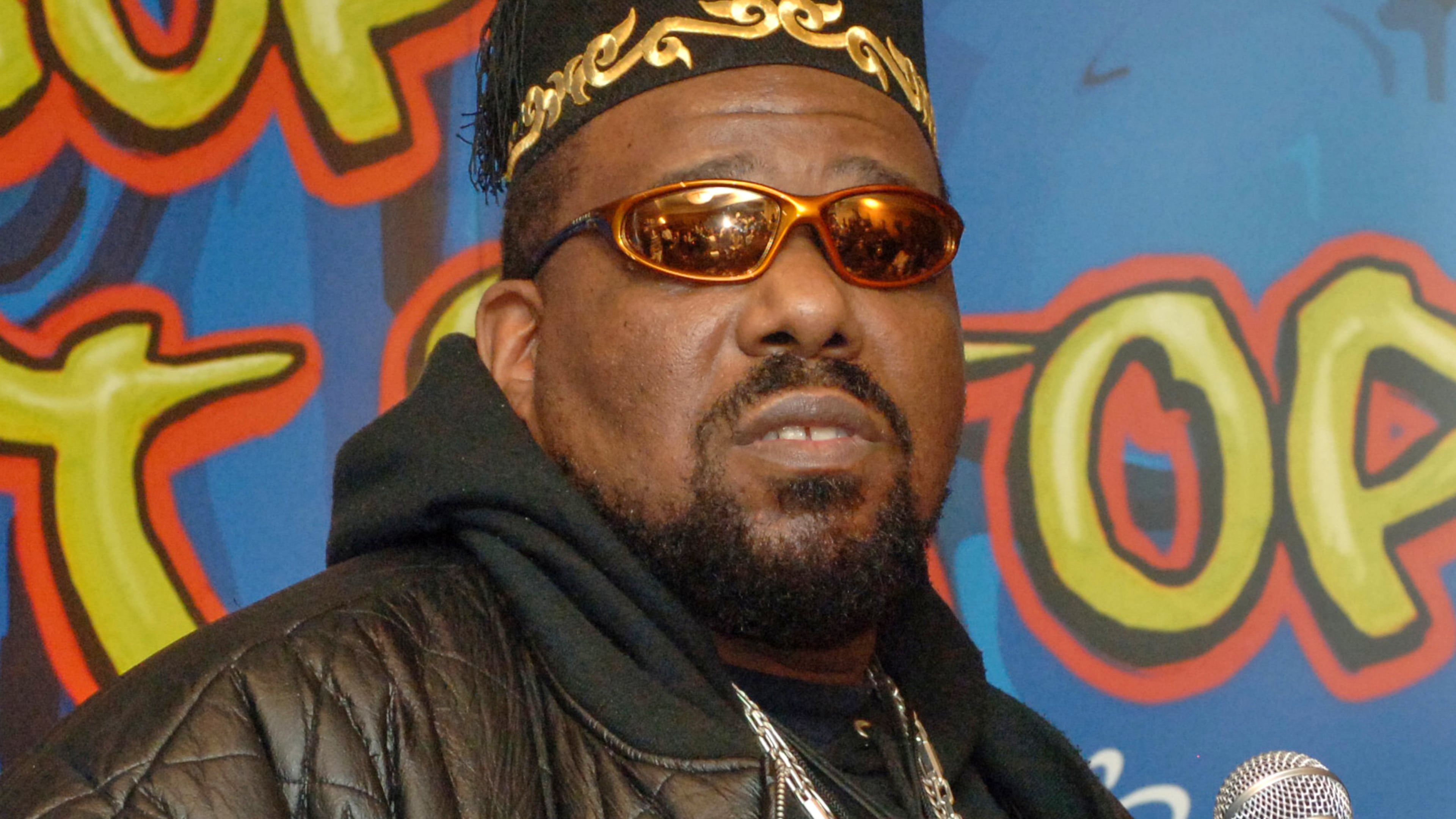 FILE - Hip hop DJ pioneer Afrika Bambaataa speaks at a news conference in New York on Feb. 28, 2006. (AP Photo/Henny Ray Abrams, File)