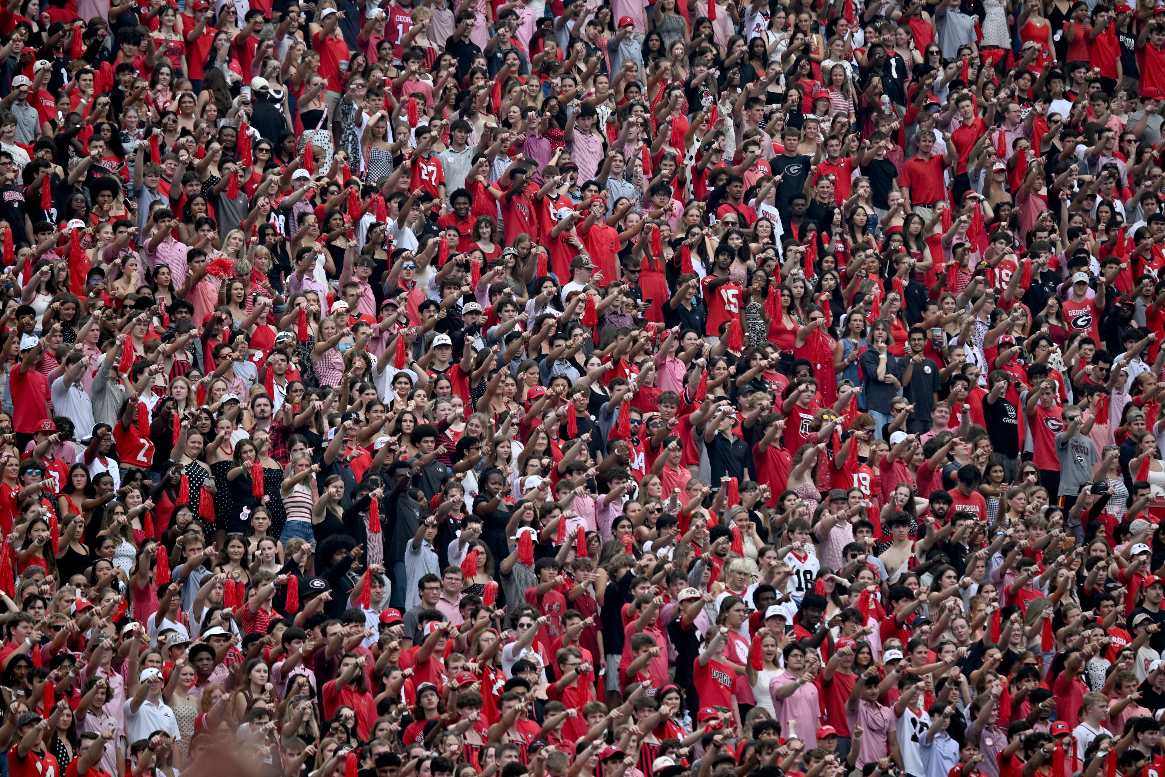Georgia fans cheer before their game against Vanderbilt during an NCAA football game at Sanford Stadium on Saturday, Oct. 3, 2026, in Athens. (Hyosub Shin/AJC)