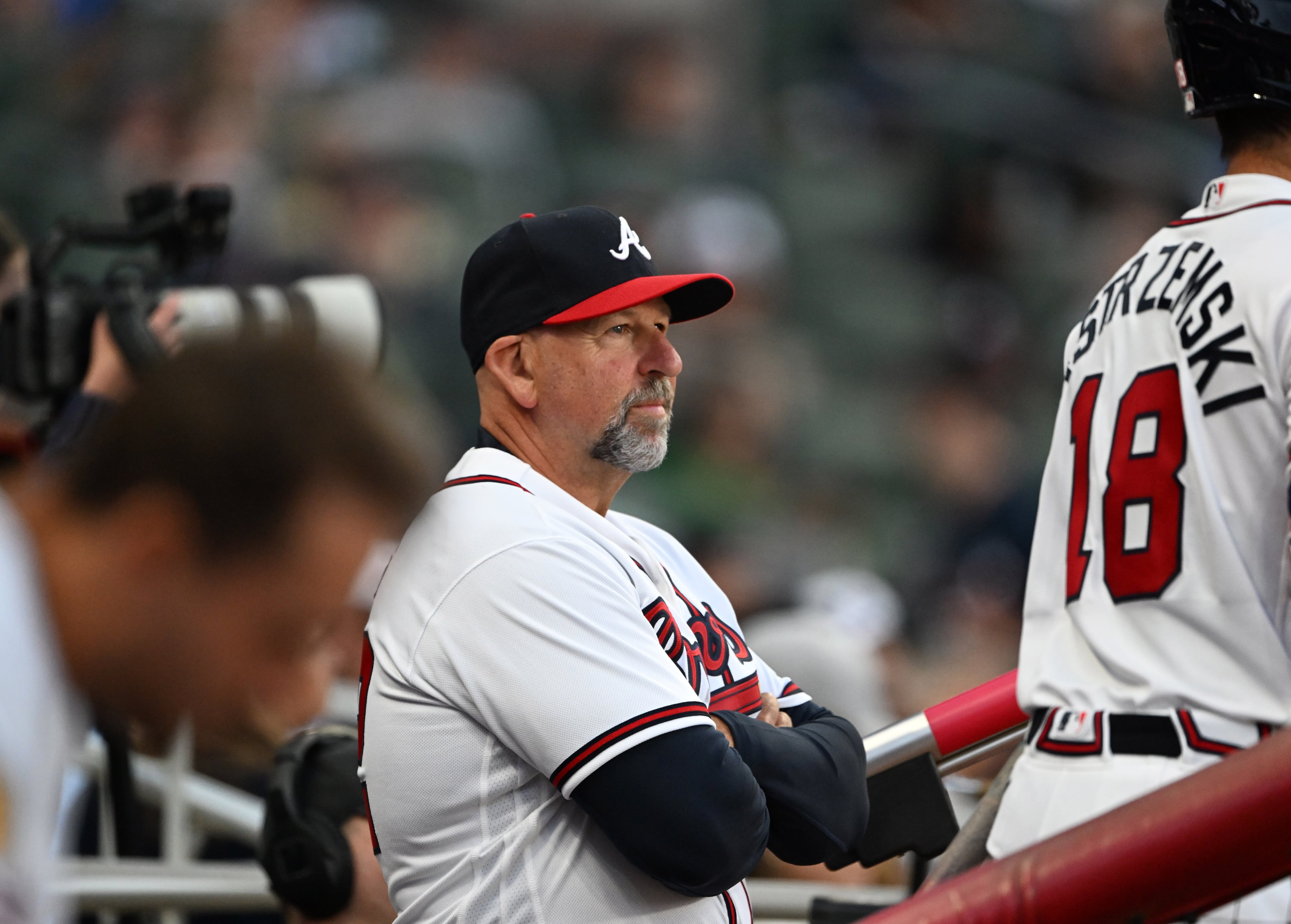 Atlanta Braves manager Walt Weiss reacts during the second inning at Truist Park, Saturday, March 28, 2026, in Atlanta. Atlanta Braves Dominic Smith hit a grand slam during the 9th inning to win 6-2 over Kansas City Royals. (Hyosub Shin/AJC)