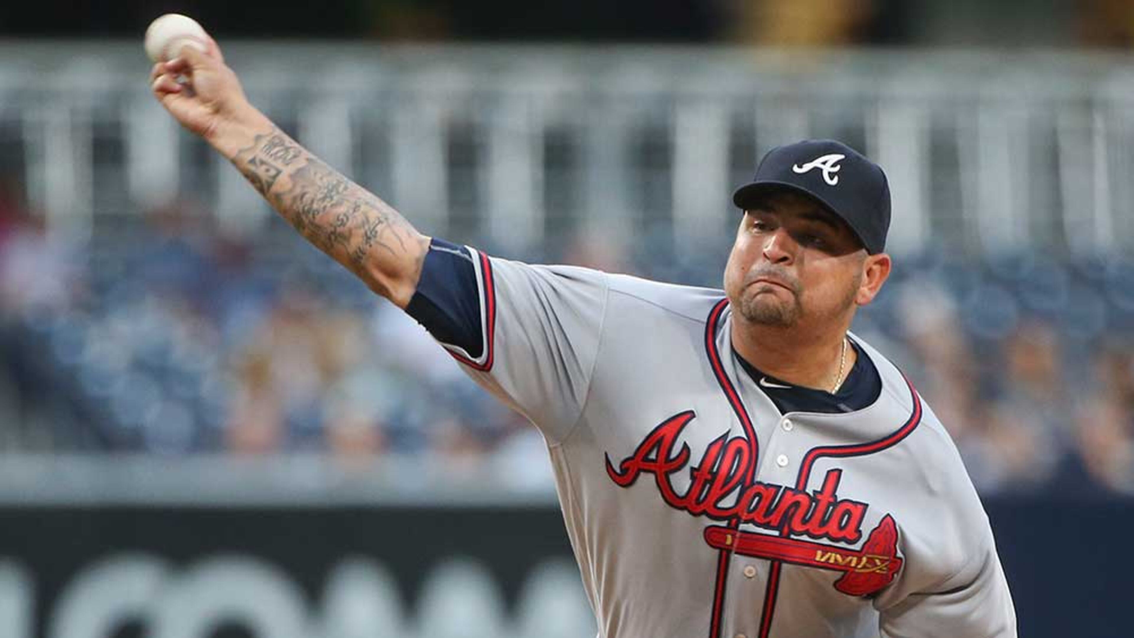 Braves starter Williams Perez delivers a pitch in the first inning against the Padres.