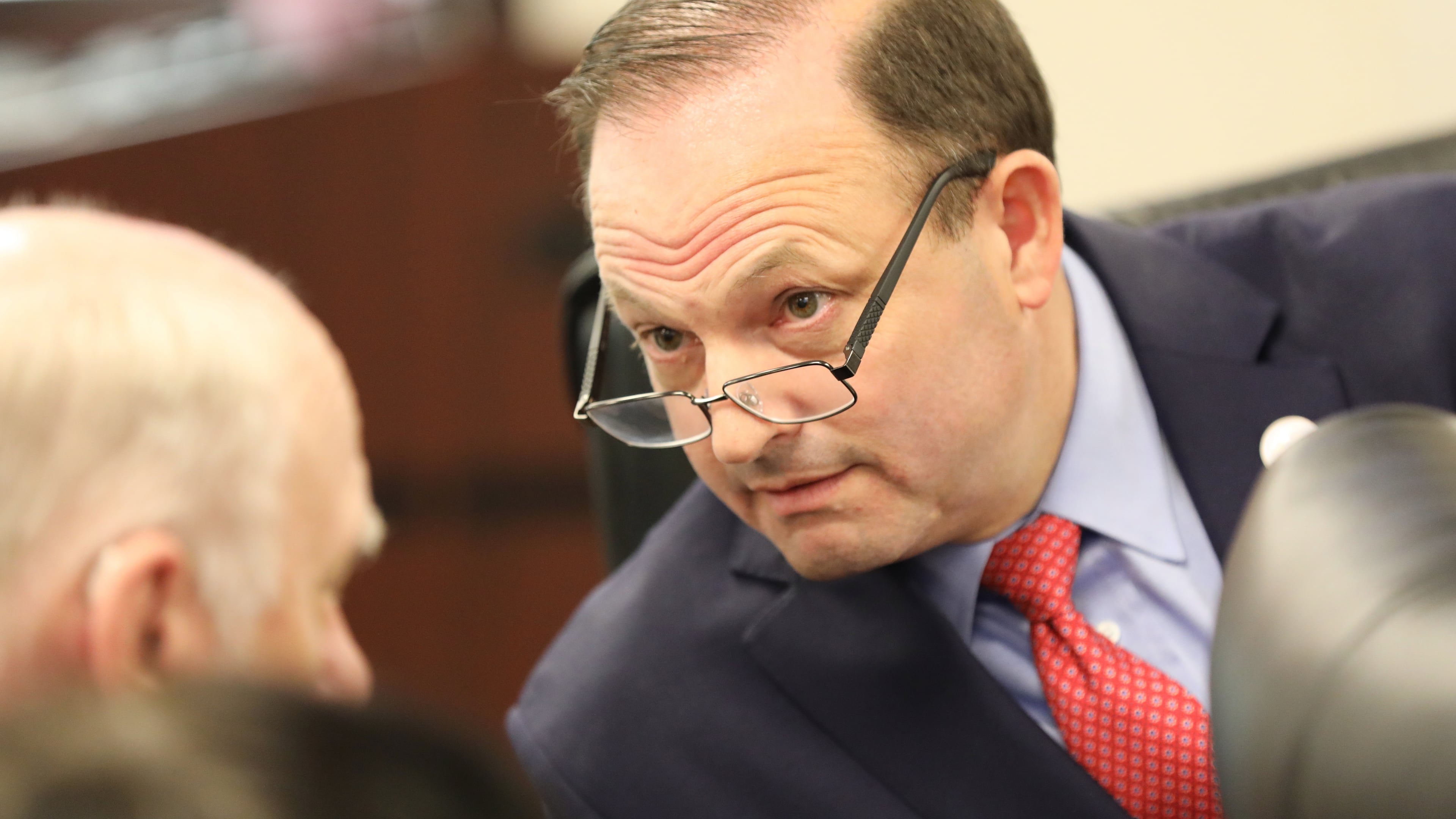 FILE - South Carolina Attorney General Alan Wilson speaks to his staff before a South Carolina Legislative Oversight Committee looking at his office Nov. 5, 2025, in Columbia, S.C. (AP Photo/Jeffrey Collins, File)