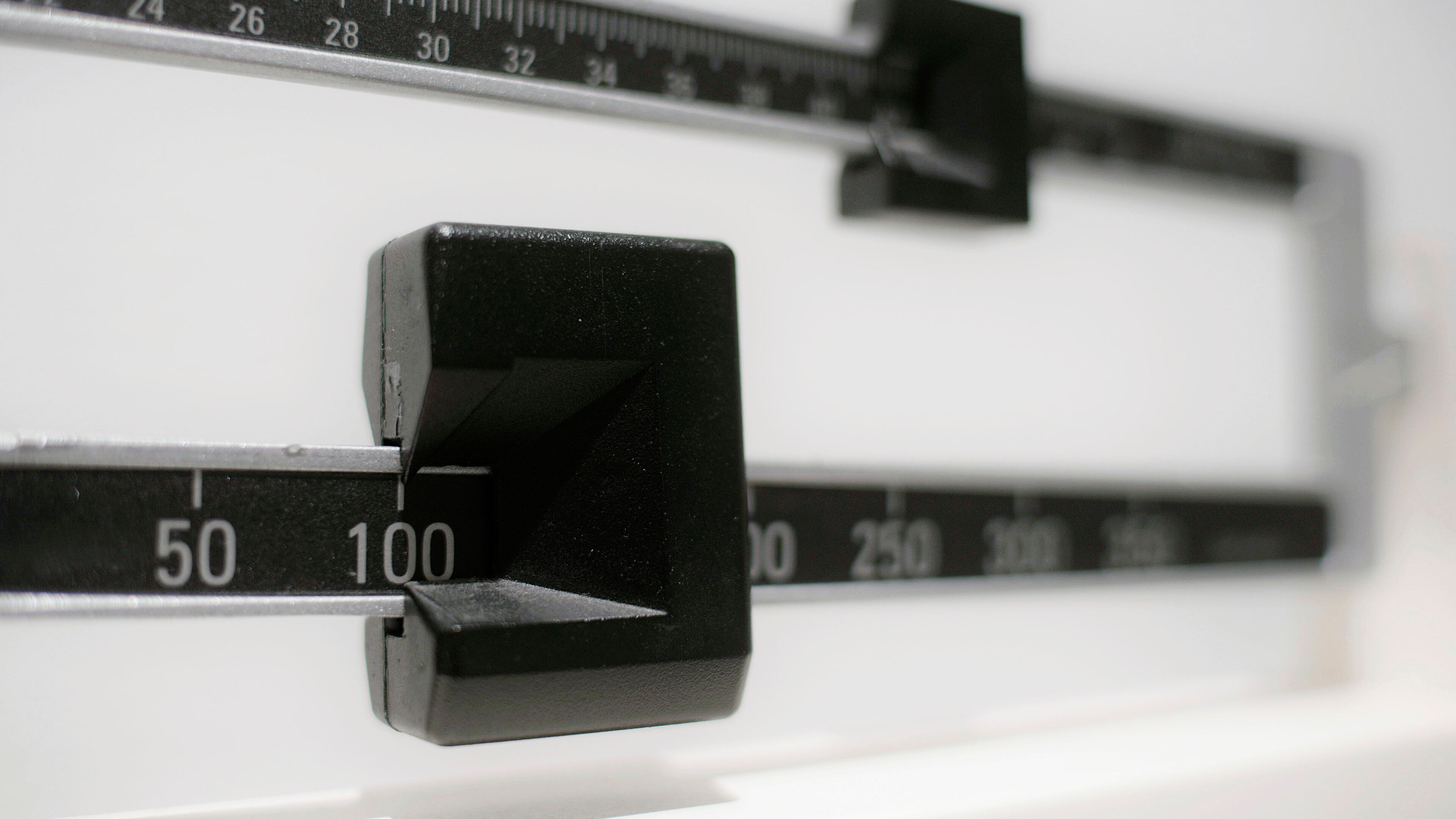 FILE - This April 3, 2018 file photo shows a closeup of a beam scale in New York. (AP Photo/Patrick Sison, File)