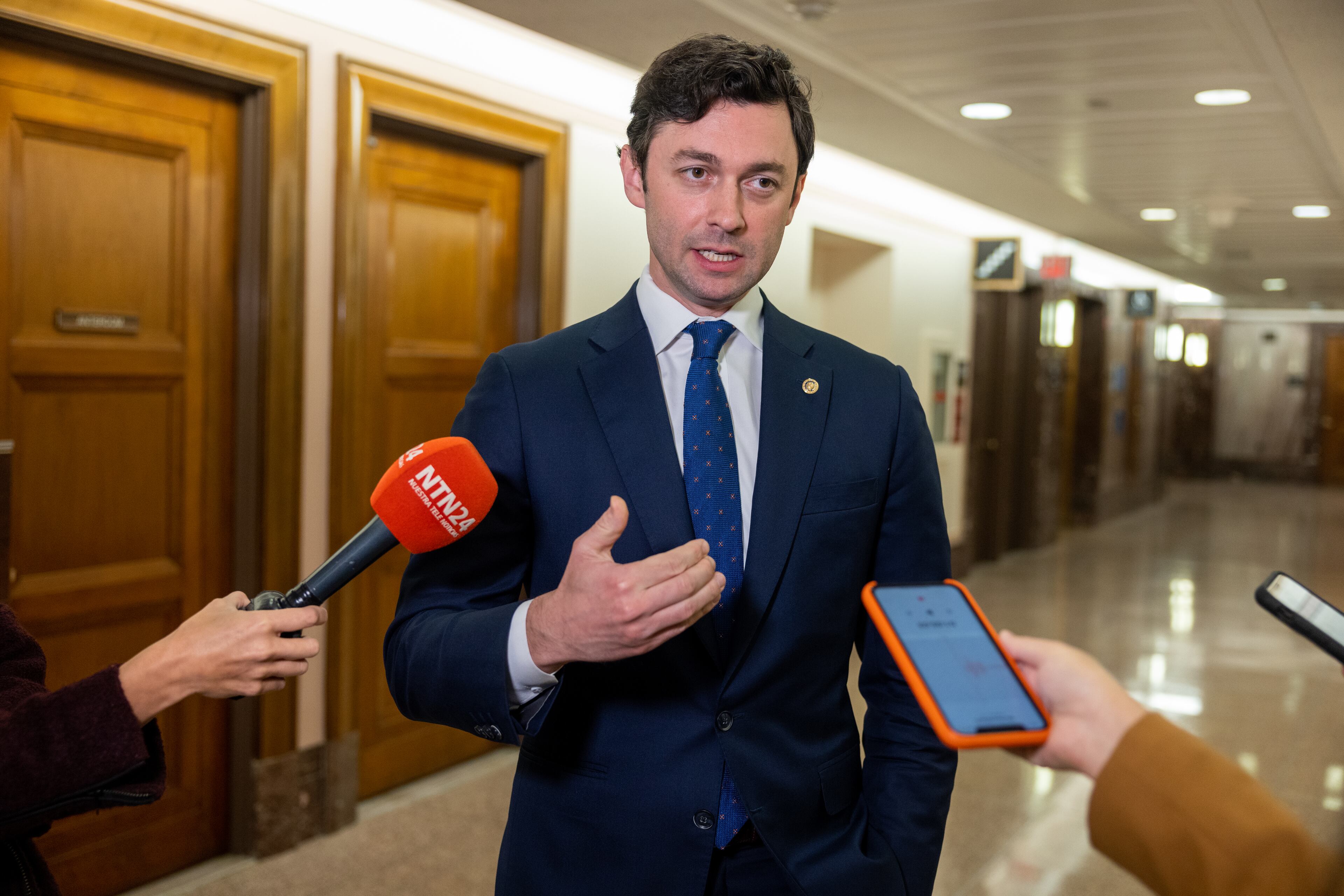 U.S. Sen. Jon Ossoff, D-Ga., holds a news conference after a recent hearing of the Permanent Subcommittee on Investigations. (Nathan Posner for the Atlanta Journal Constitution)