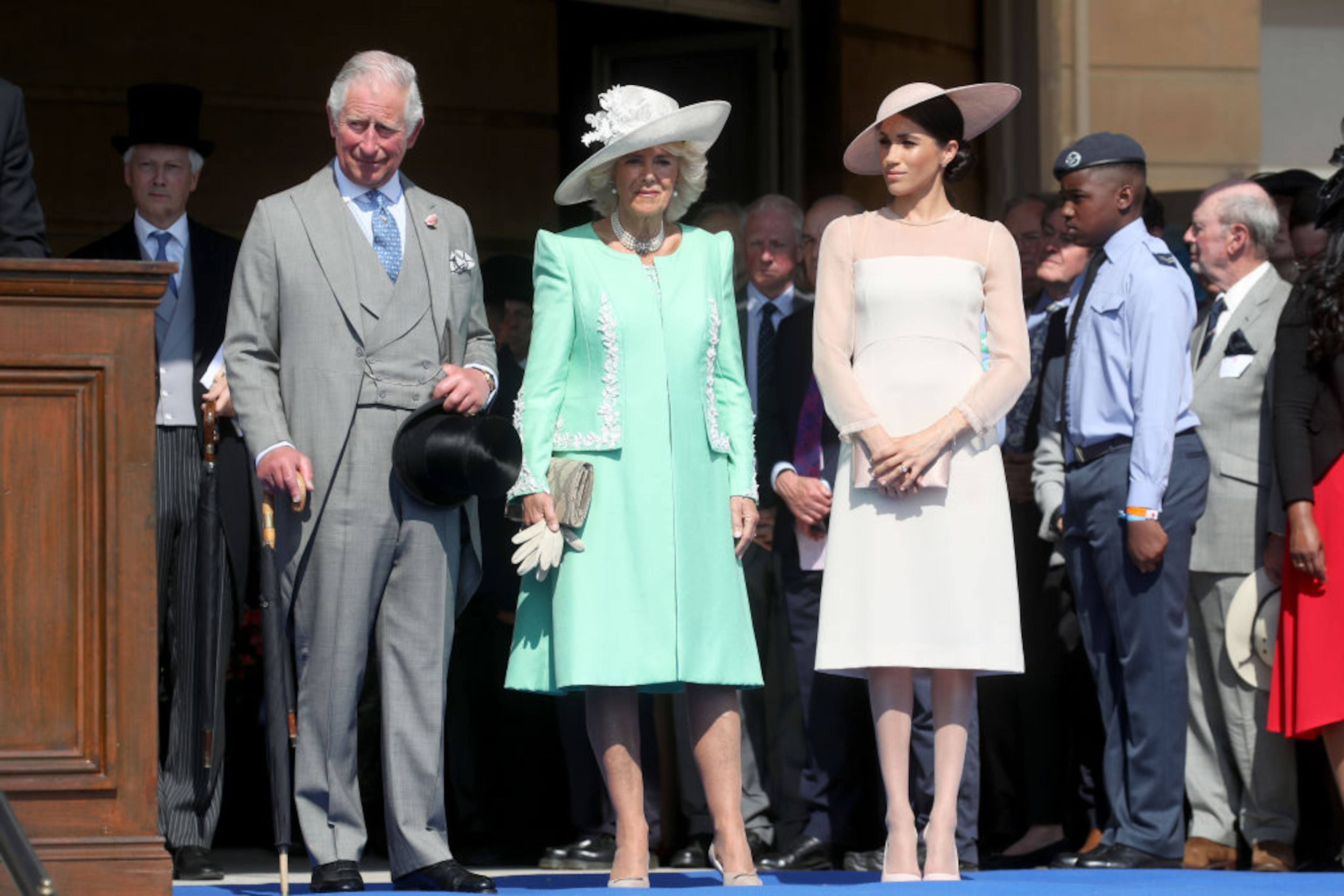 LONDON, ENGLAND - MAY 22: (L-R) Prince Charles, Prince of Wales, Camilla, Duchess of Cornwall and Meghan, Duchess of Sussex attend The Prince of Wales' 70th Birthday Patronage Celebration held at Buckingham Palace on May 22, 2018 in London, England. (Photo by Chris Jackson/Chris Jackson/Getty Images)