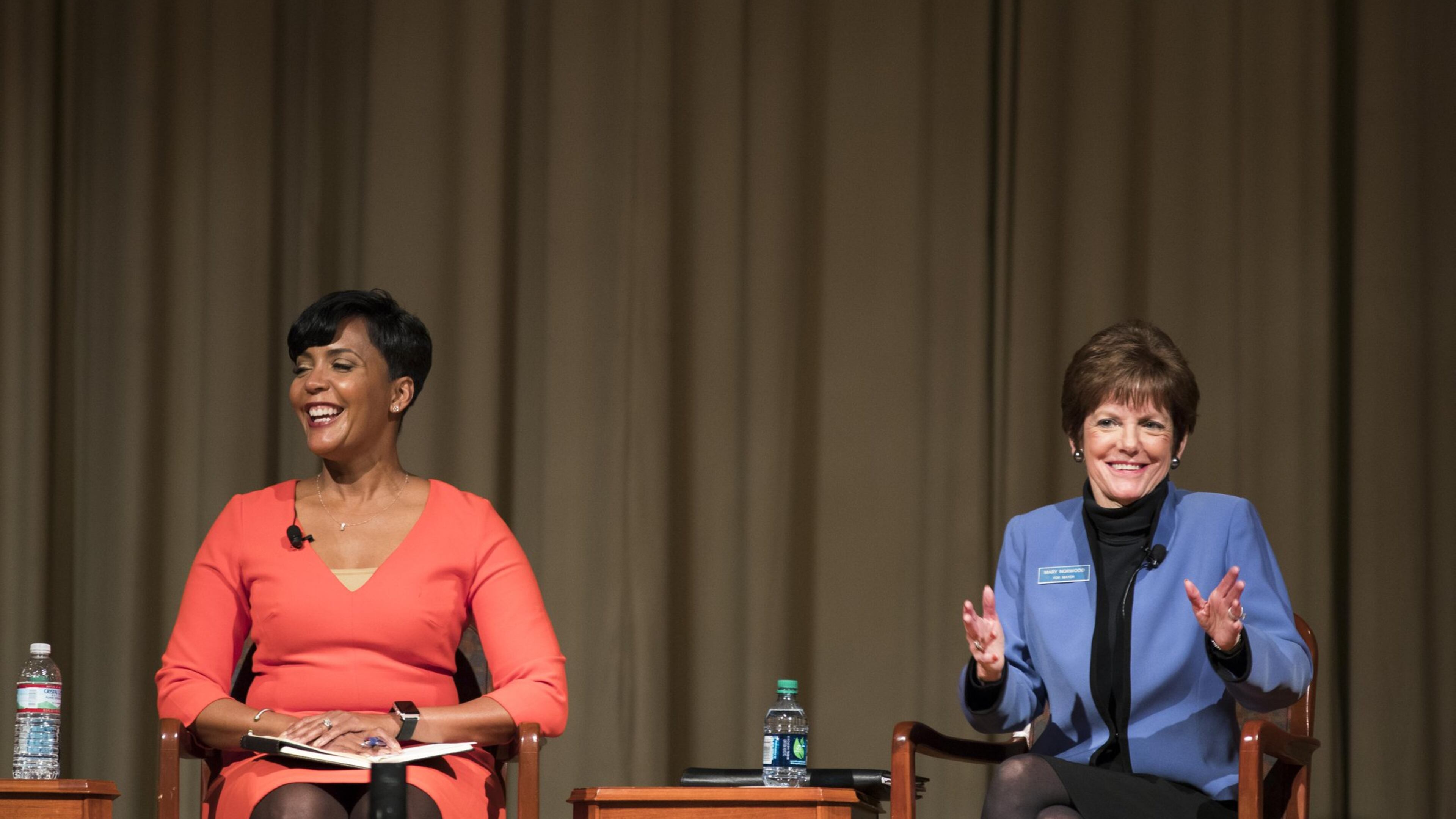 Atlanta mayoral candidates Keisha Lance Bottoms, left, and Mary Norwood, participate in a forum at the Carter Center, Tuesday, Nov. 28, 2017. Both Atlanta city councilwomen are on the runoff ticket for the city’s next mayor. The winner of the election will be the second woman in history to lead the city of Atlanta. ALYSSA POINTER/ALYSSA.POINTER@AJC.COM