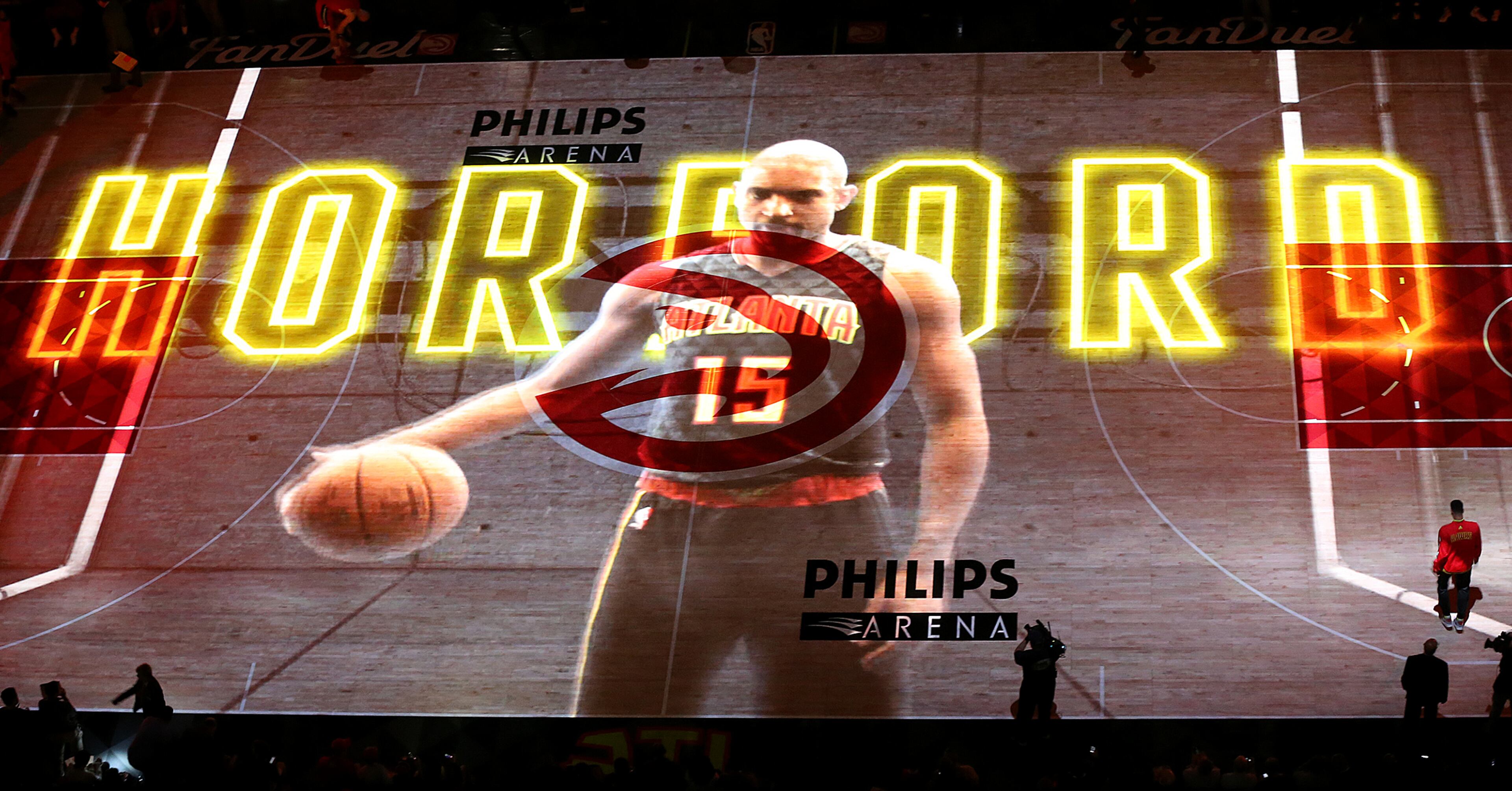 A giant image of Al Horford is projected on the court during game intros at Philips Arena. Curtis Compton / ccompton@ajc.com