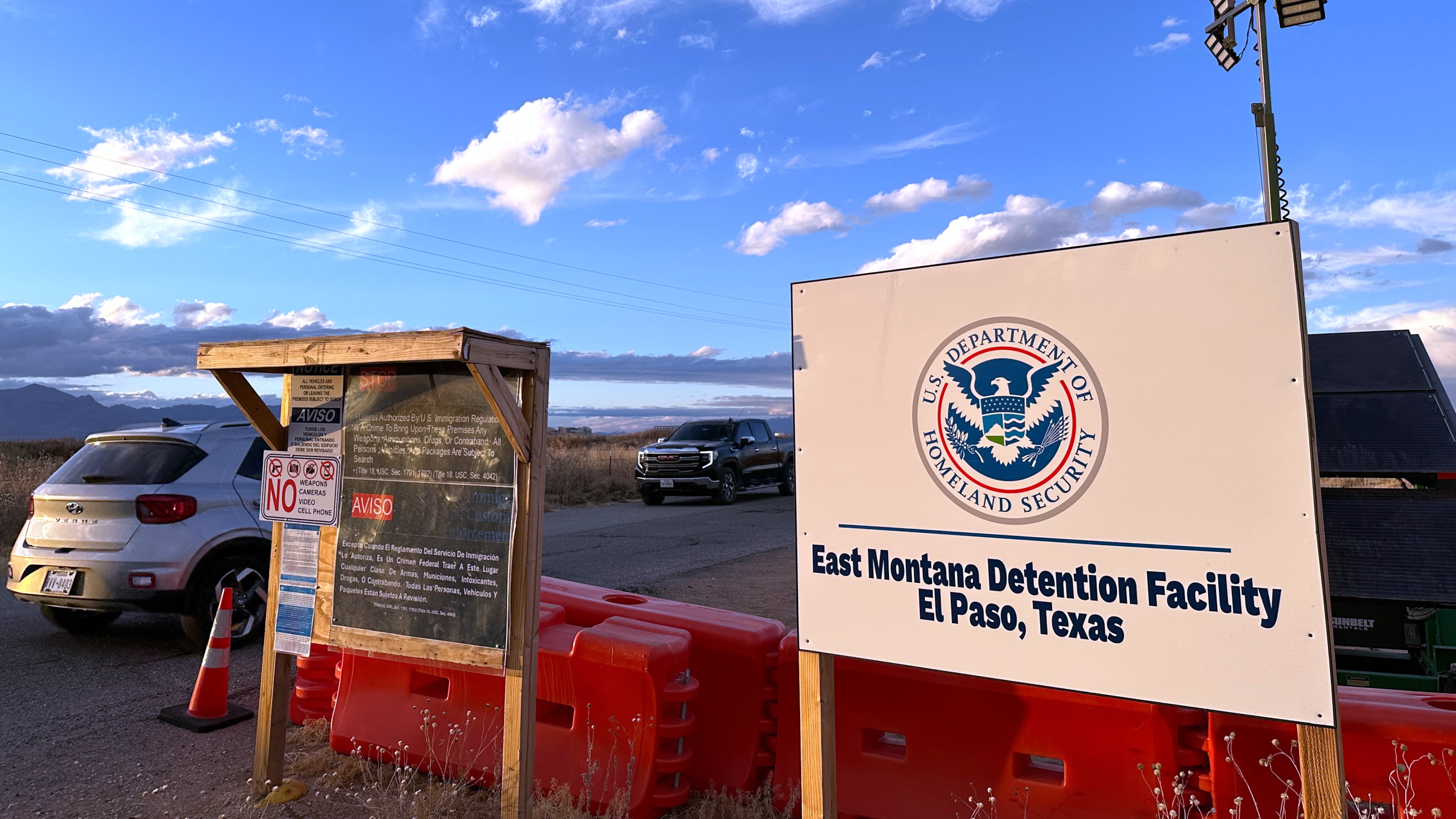 FILE - A sign marks the entrance to a series of hardened tents at the Camp East Montana immigrant detention center in the desert at a U.S. Army base on the outskirts of El Paso, Texas, Feb. 13, 2026. (AP Photo/Morgan Lee, File)
