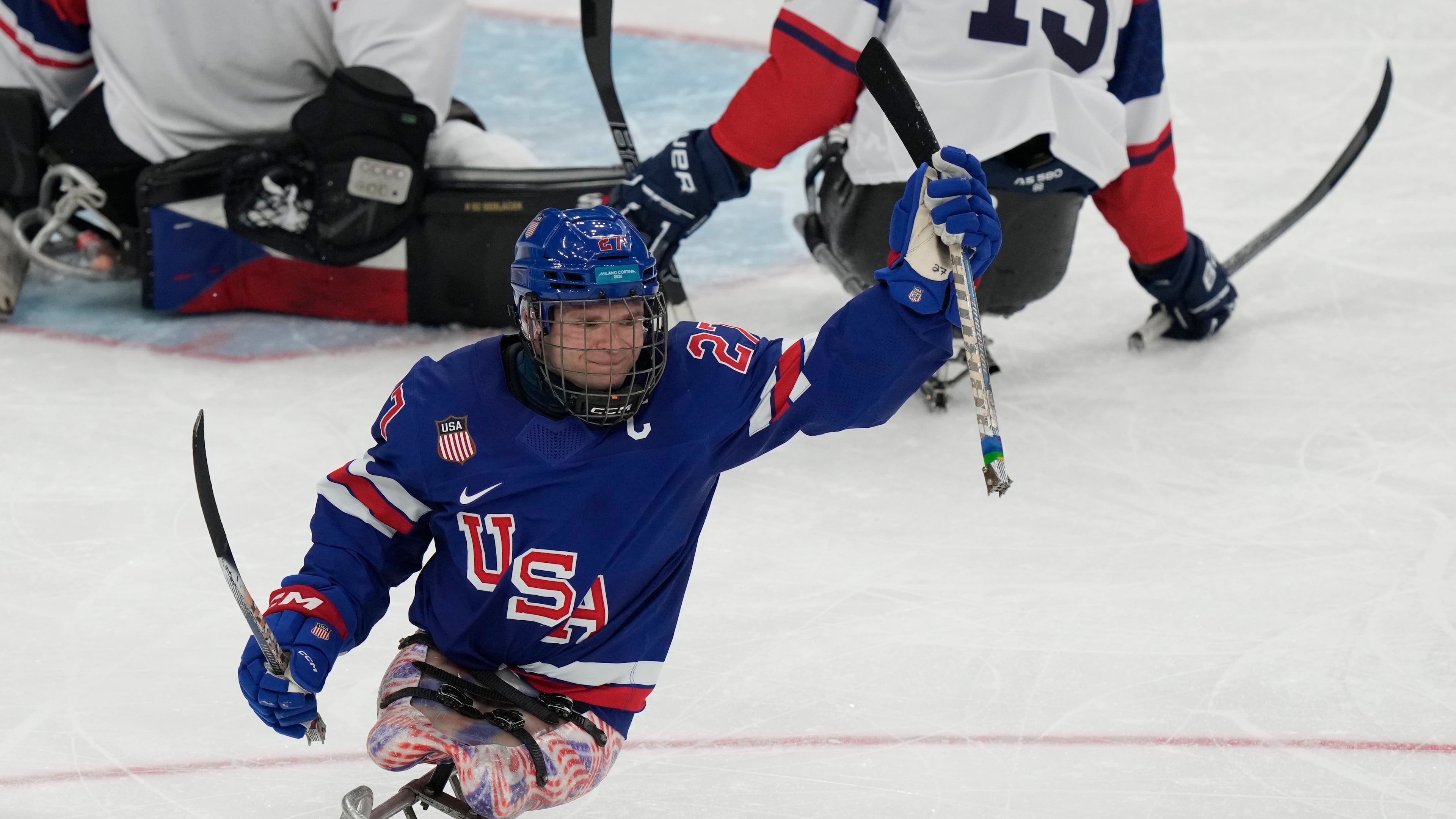 United State's Josh Pauls celebrates after scoring a goal during a semifinal hockey match between United States and Czech Republic at the 2026 Winter Paralympics, in Milan, Italy, Friday, March 13, 2026. (AP Photo/Luca Bruno)