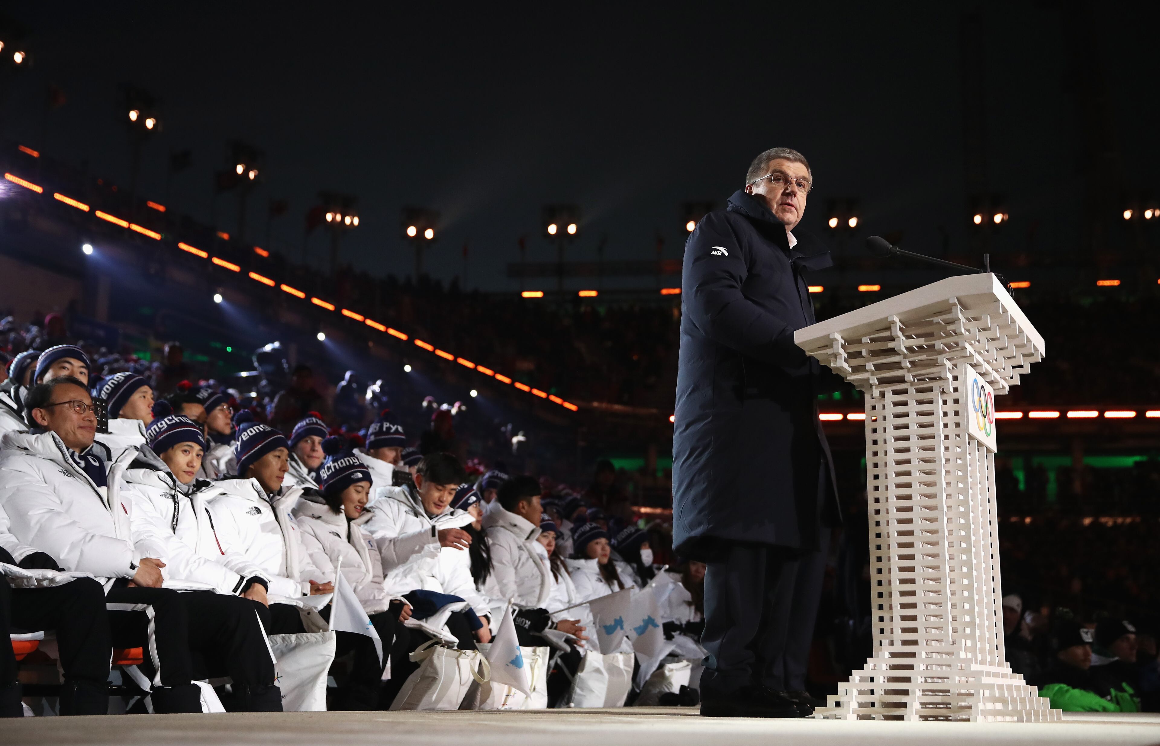 PYEONGCHANG-GUN, SOUTH KOREA - FEBRUARY 09: IOC President Thomas Bach delivers an address during the Opening Ceremony of the PyeongChang 2018 Winter Olympic Games at PyeongChang Olympic Stadium on February 9, 2018 in Pyeongchang-gun, South Korea. (Photo by Clive Mason/Getty Images)