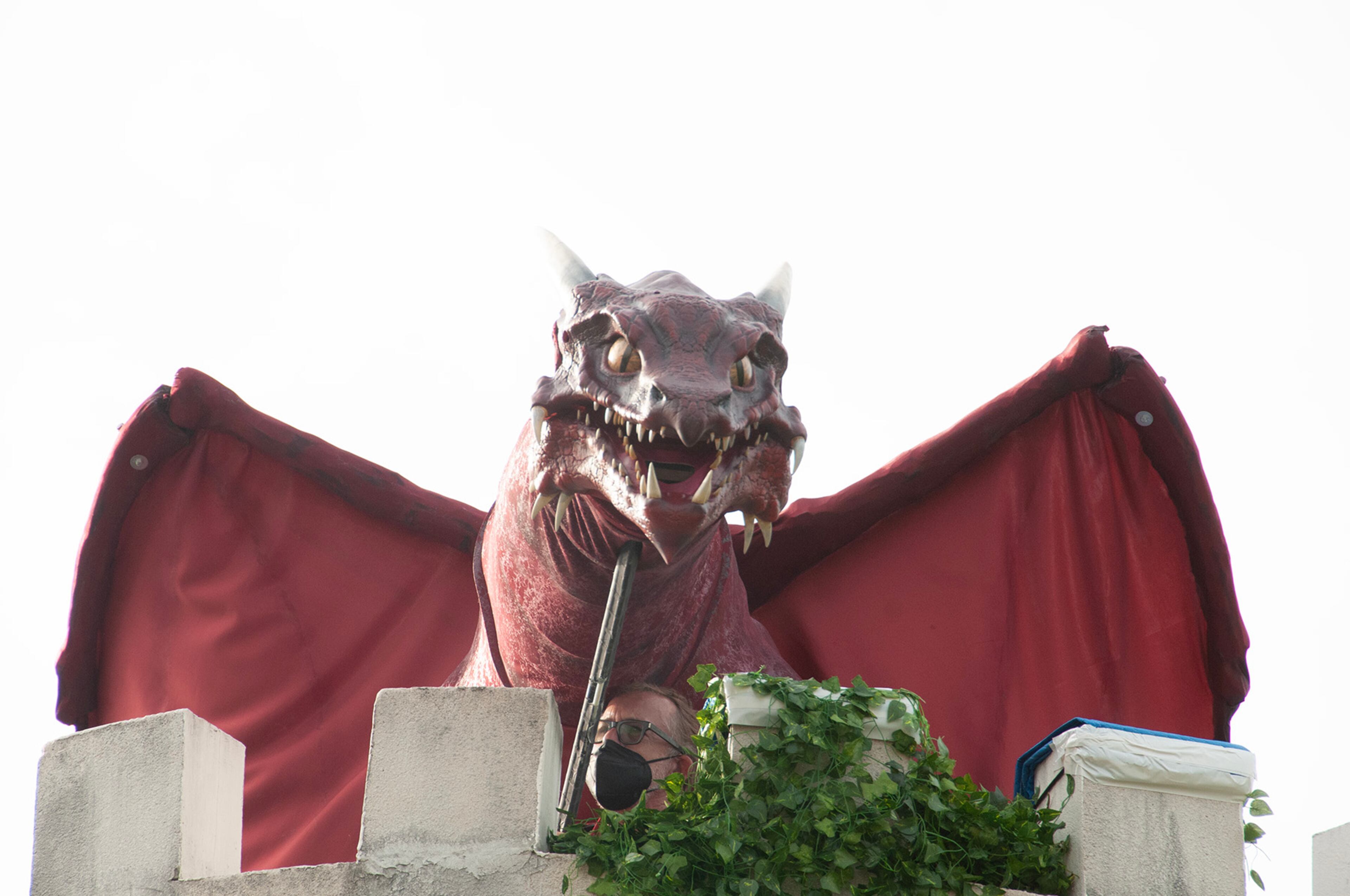 The dragon sits on top of a turret at the "Mirth and Mischief" experience in Helen's Uhuburg Castle. (Courtesy)