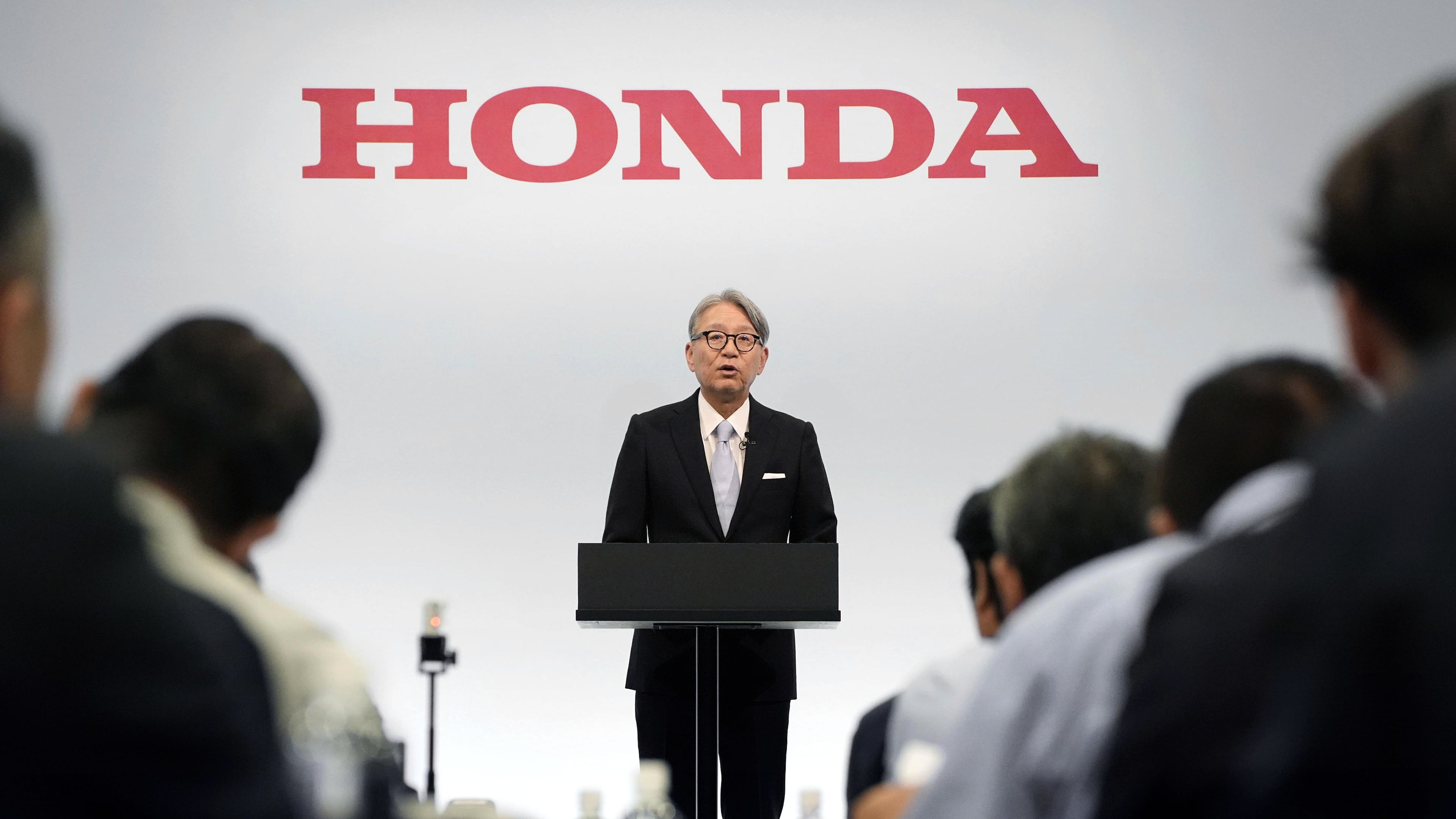 Honda's Chief Executive Toshihiro Mibe speaks at a press conference in Tokyo Thursday, May 14, 2026. (Yuta Omori/Kyodo News via AP)