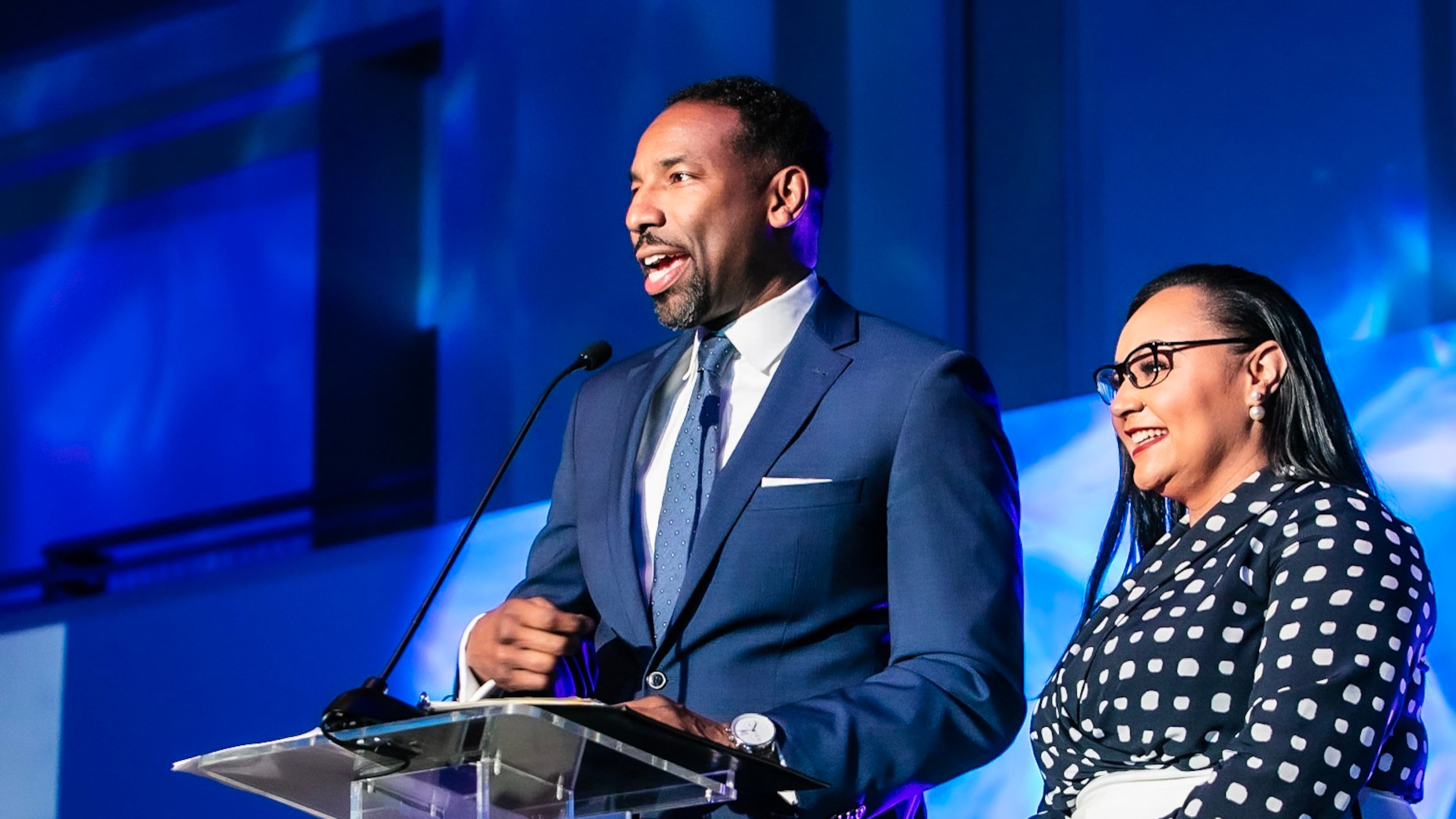 Atlanta Mayor Andre Dickson and U.S. Rep. Nikema Williams speak at the Democratic Party of Georgia’s annual fundraising gala. Erik Voss, DPG