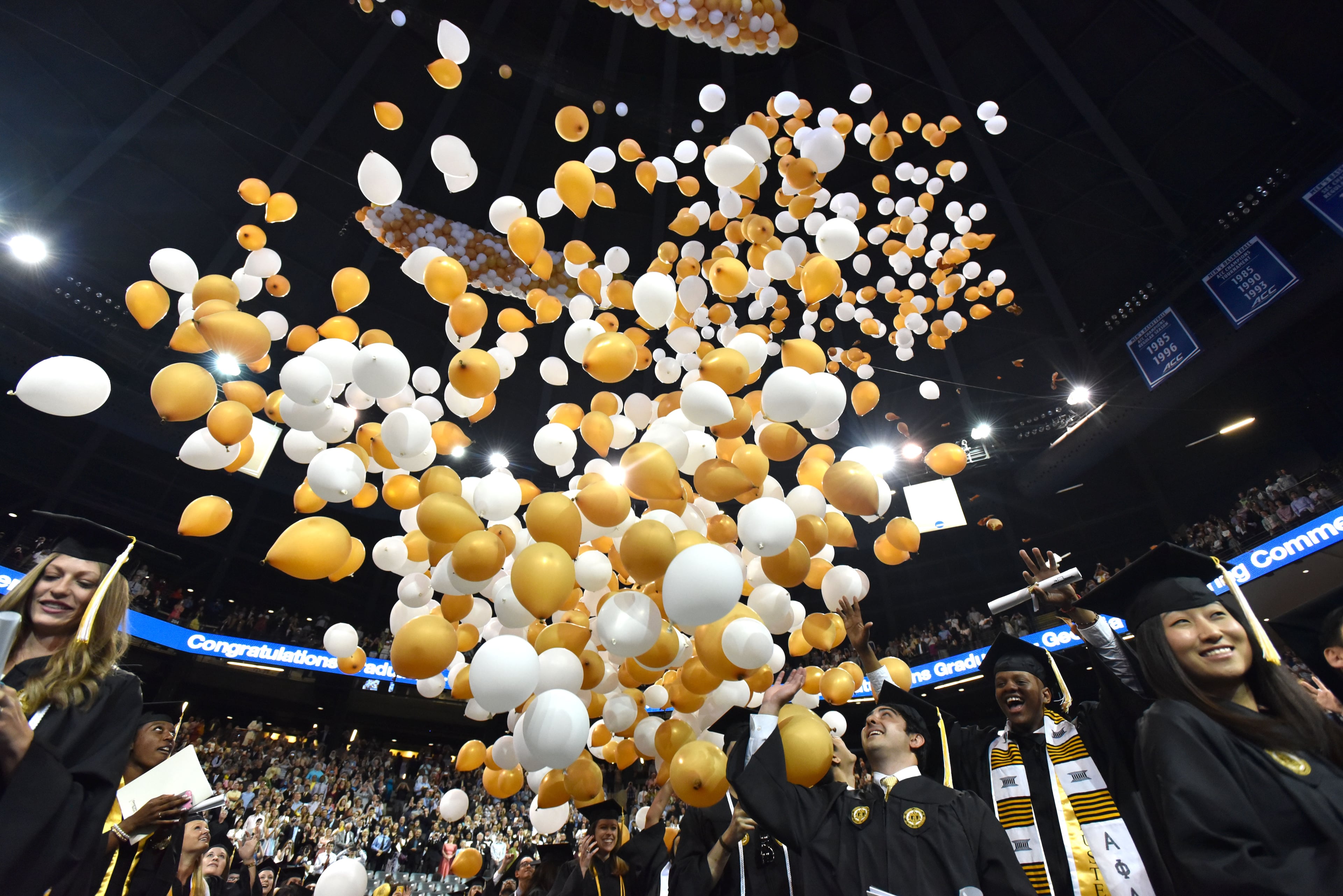 May 2, 2015 Atlanta - Bachelor's morning ceremony of Spring 2015 Commencement ended with balloons dropping at the McCamish Pavilion on Saturday, May 2, 2015. HYOSUB SHIN / HSHIN@AJC.COM