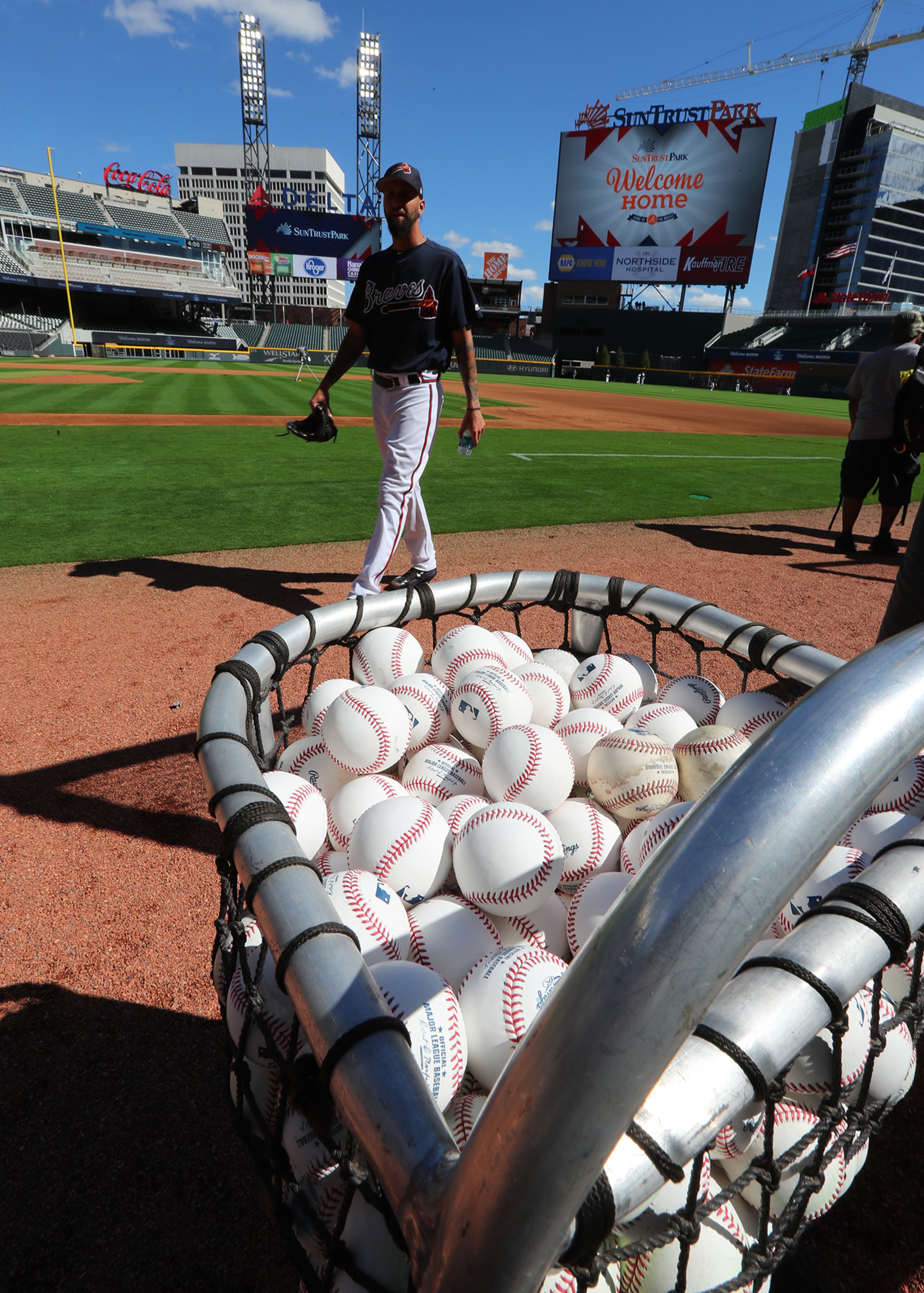 March 31, 2017, Atlanta: Plenty of baseballs are ready by the dugout for the Braves MLB exhibition game against the N.Y. Yankees for the soft opening of SunTrust Park on Friday, March 31, 2017, in Atlanta. Curtis Compton/ccompton@ajc.com