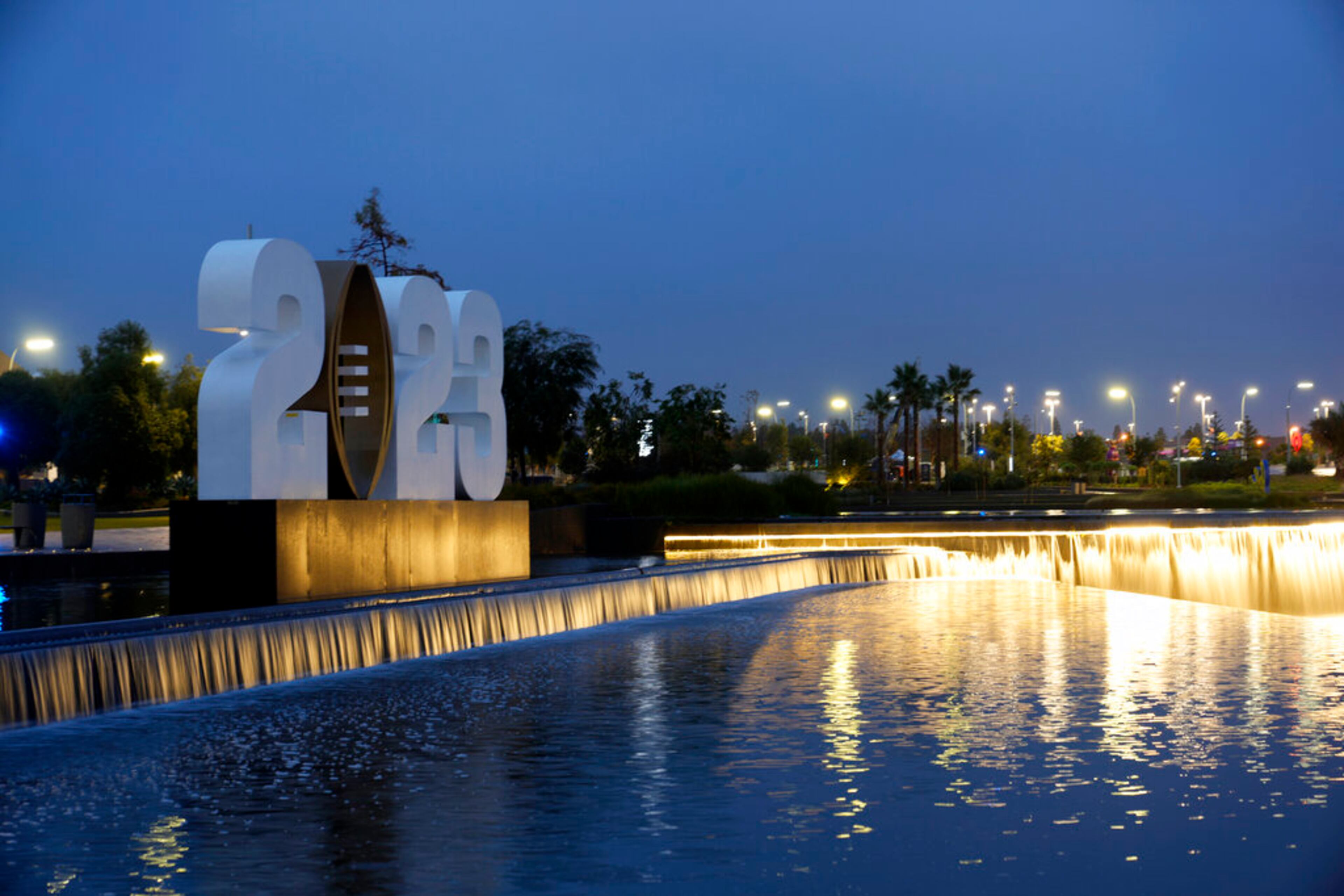 SoFi Stadium is decorated with the CFP logo ahead of the CFP national championship game Wednesday, Jan. 4, 2023, in Inglewood, Calif. Georgia faces TCU Monday for the title. (AP Photo/Marcio Jose Sanchez)