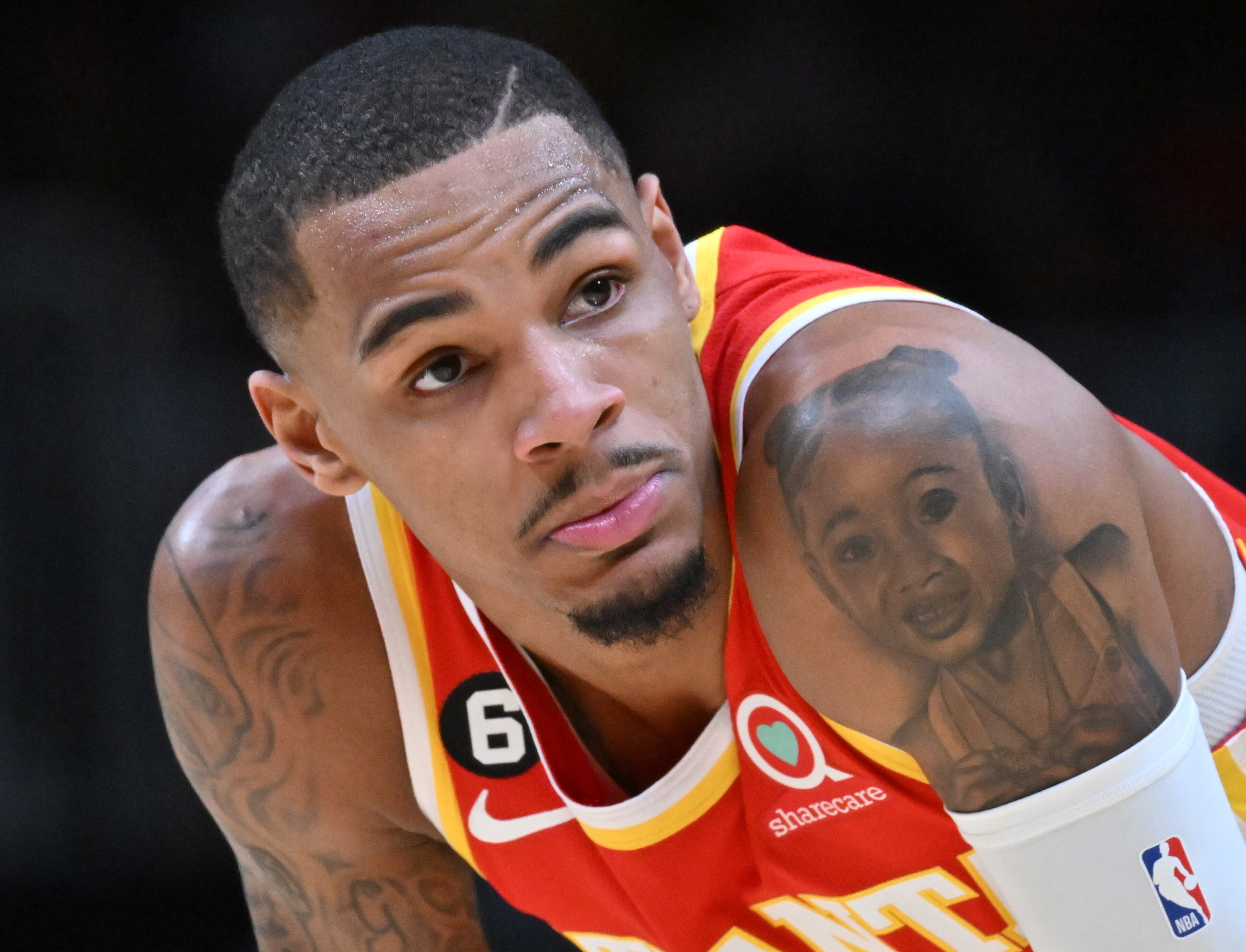 Atlanta Hawks' guard Dejounte Murray (5) looks on during the first half in an NBA basketball game at State Farm Arena, Saturday, Feb. 11, 2023, in Atlanta. Atlanta Hawks won 125-106 over San Antonio Spurs. (Hyosub Shin / Hyosub.Shin@ajc.com)