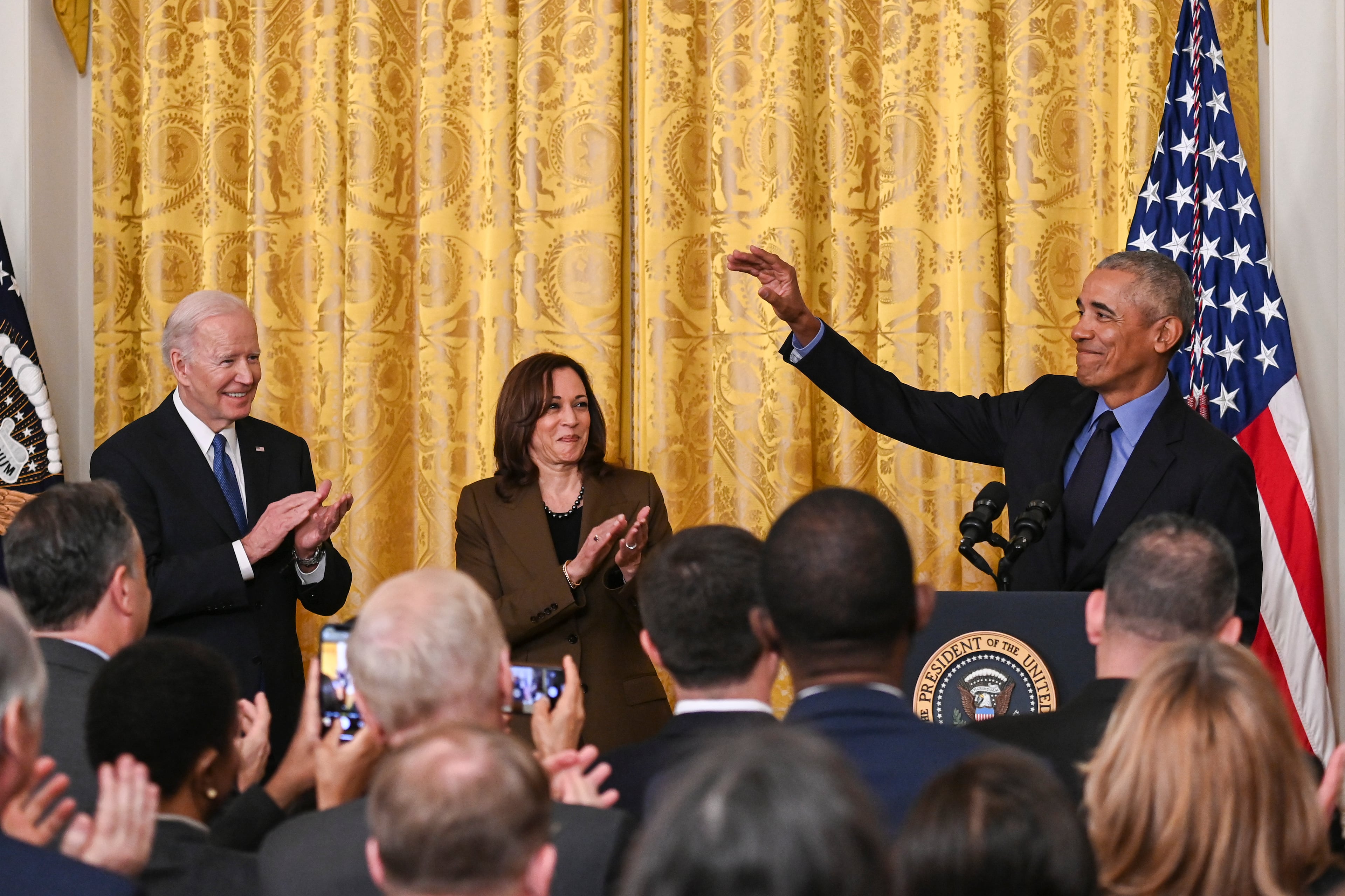 Former President Barack Obama (right) announced his support for Vice President Kamala Harris (center) today. President Joe Biden (left) dropped his reelection bid on Sunday.