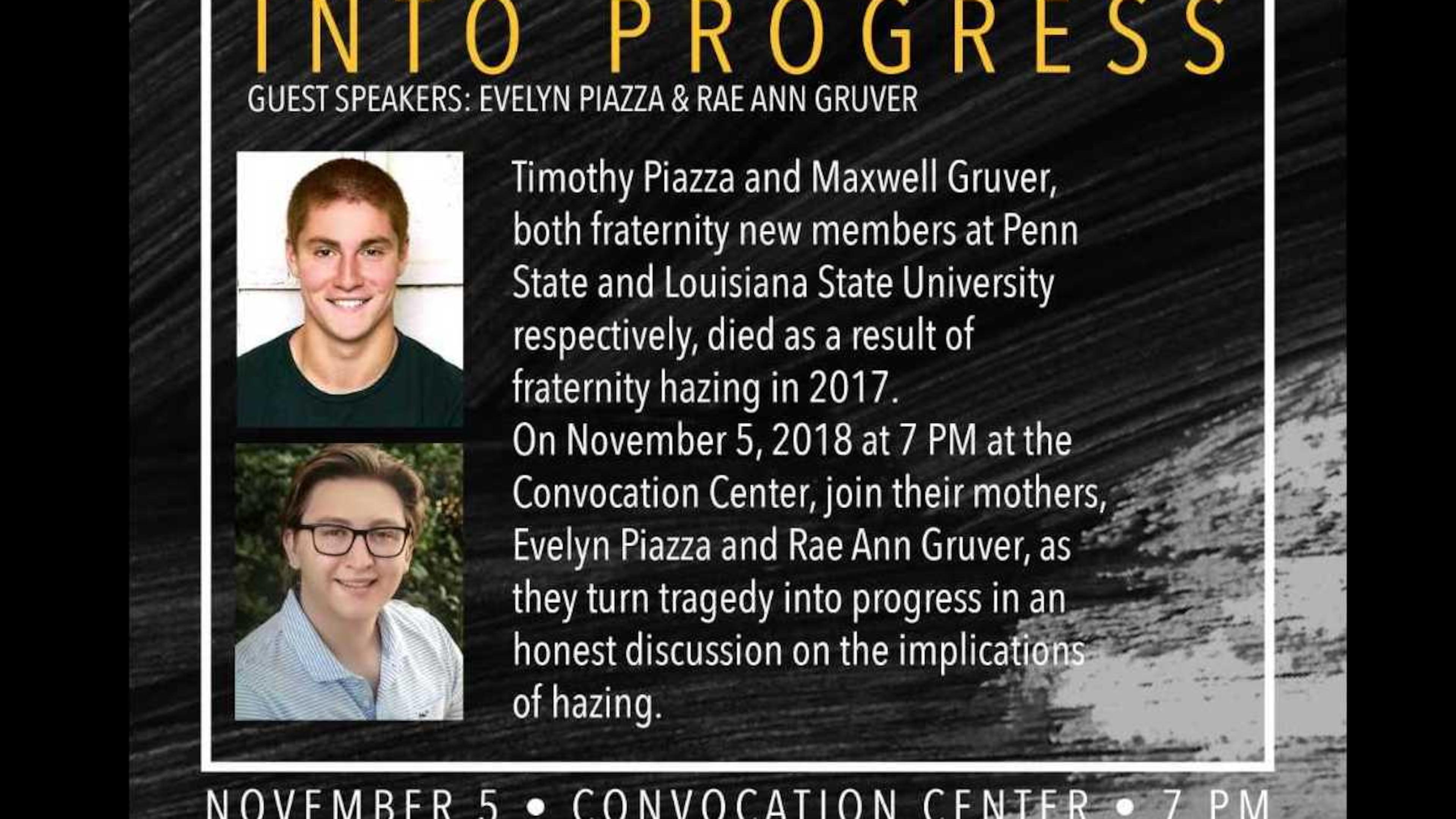This flier promotes an upcoming event to stop hazing that features the parents of two college students who died after separate hazing incidents on their campuses.