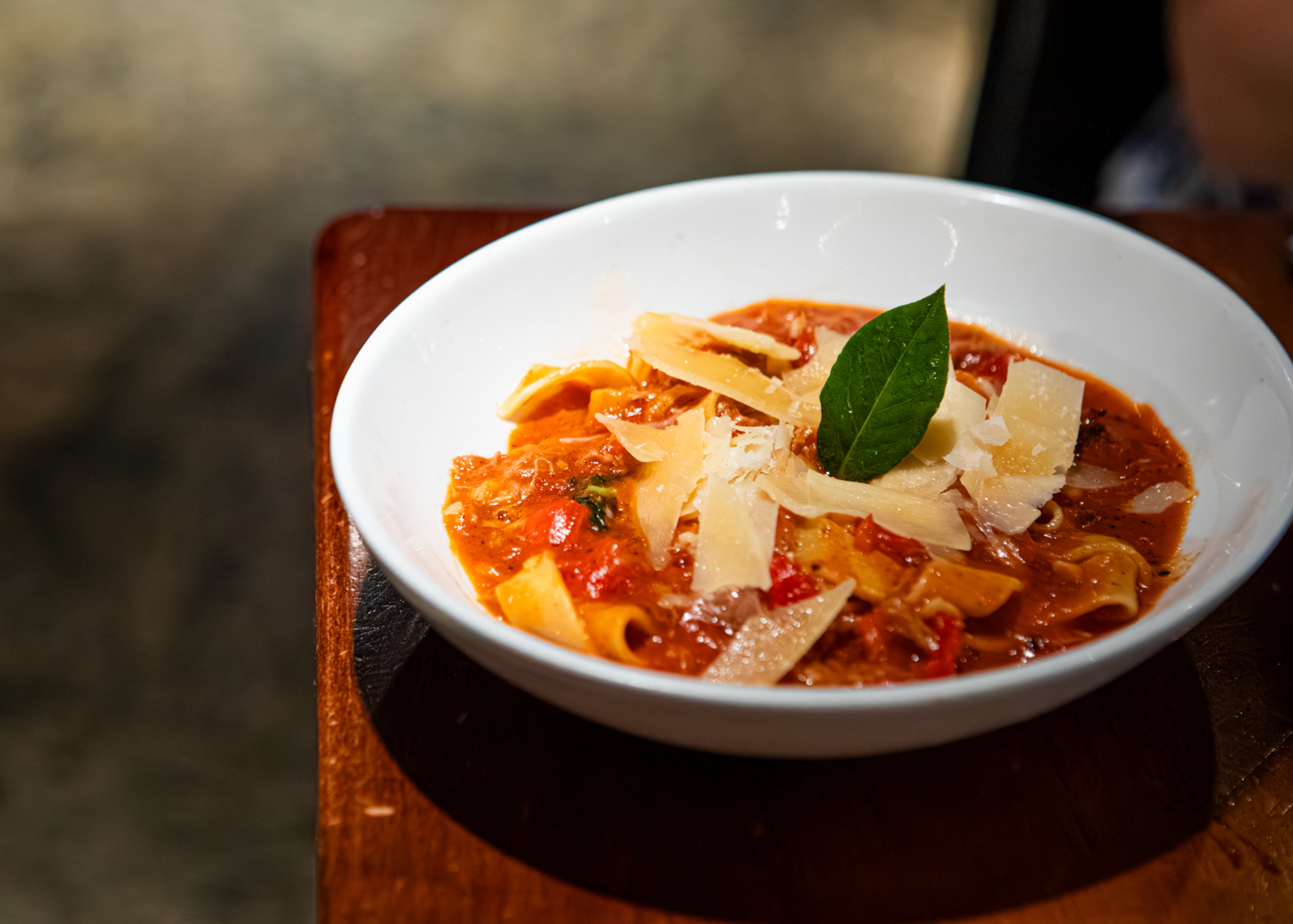 A half portion of Ecco's pappardelle with braised pork and peppadew peppers, available in Concourse F. (Aaliyah Man for the AJC)