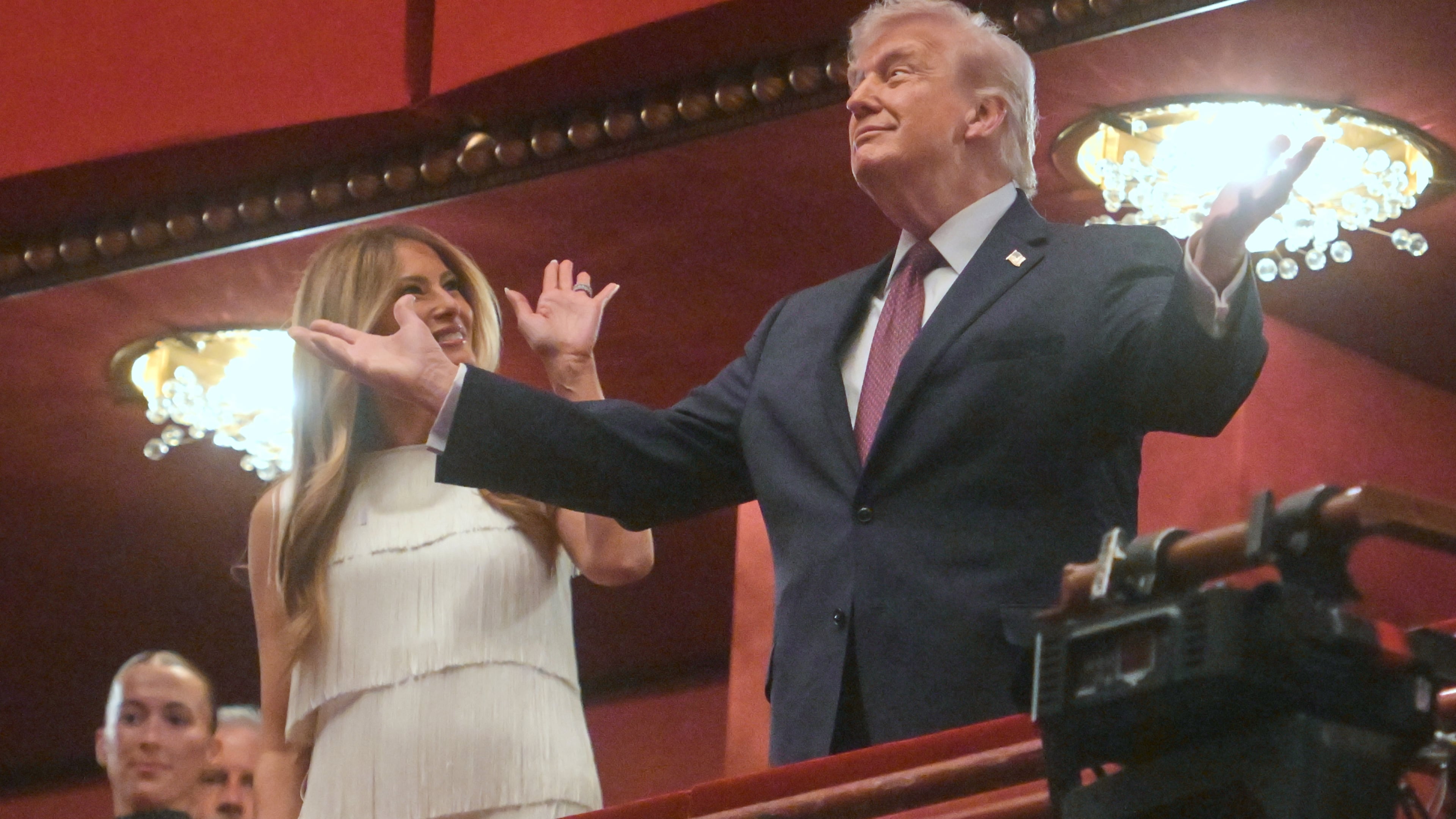 President Donald Trump and first lady Melania Trump arrive to attend the opening nights of the musical "Chicago" at the John F. Kennedy Center for the Performing Arts in Washington, Tuesday, March 31, 2026. (AP Photo/Rod Lamkey, Jr.)