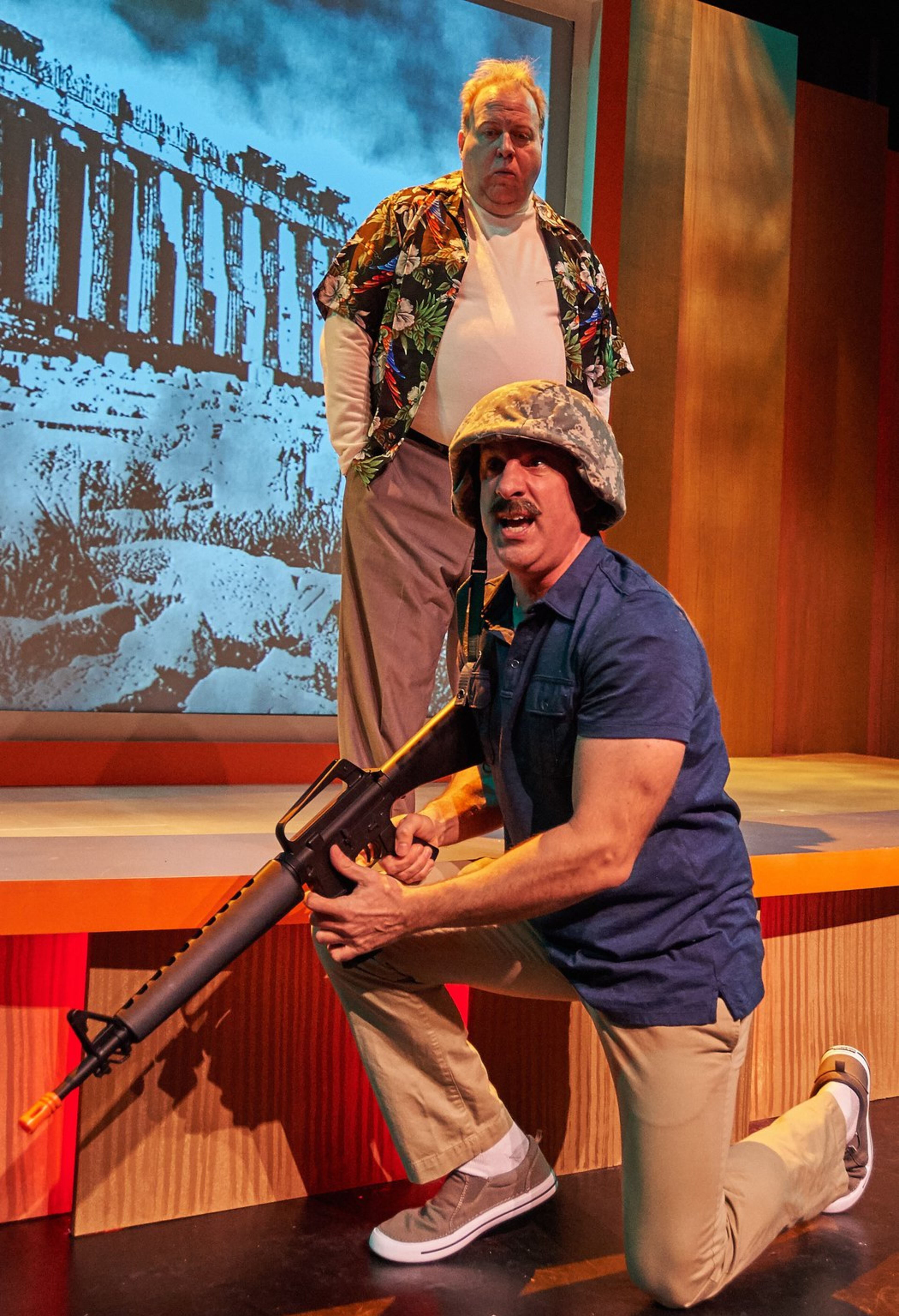 Dan Triandiflou (kneeling) and Bart Hansard are “Lost in the Cosmos” at Theatrical Outfit. CONTRIBUTED BY CHRISTOPHER BARTELSKI