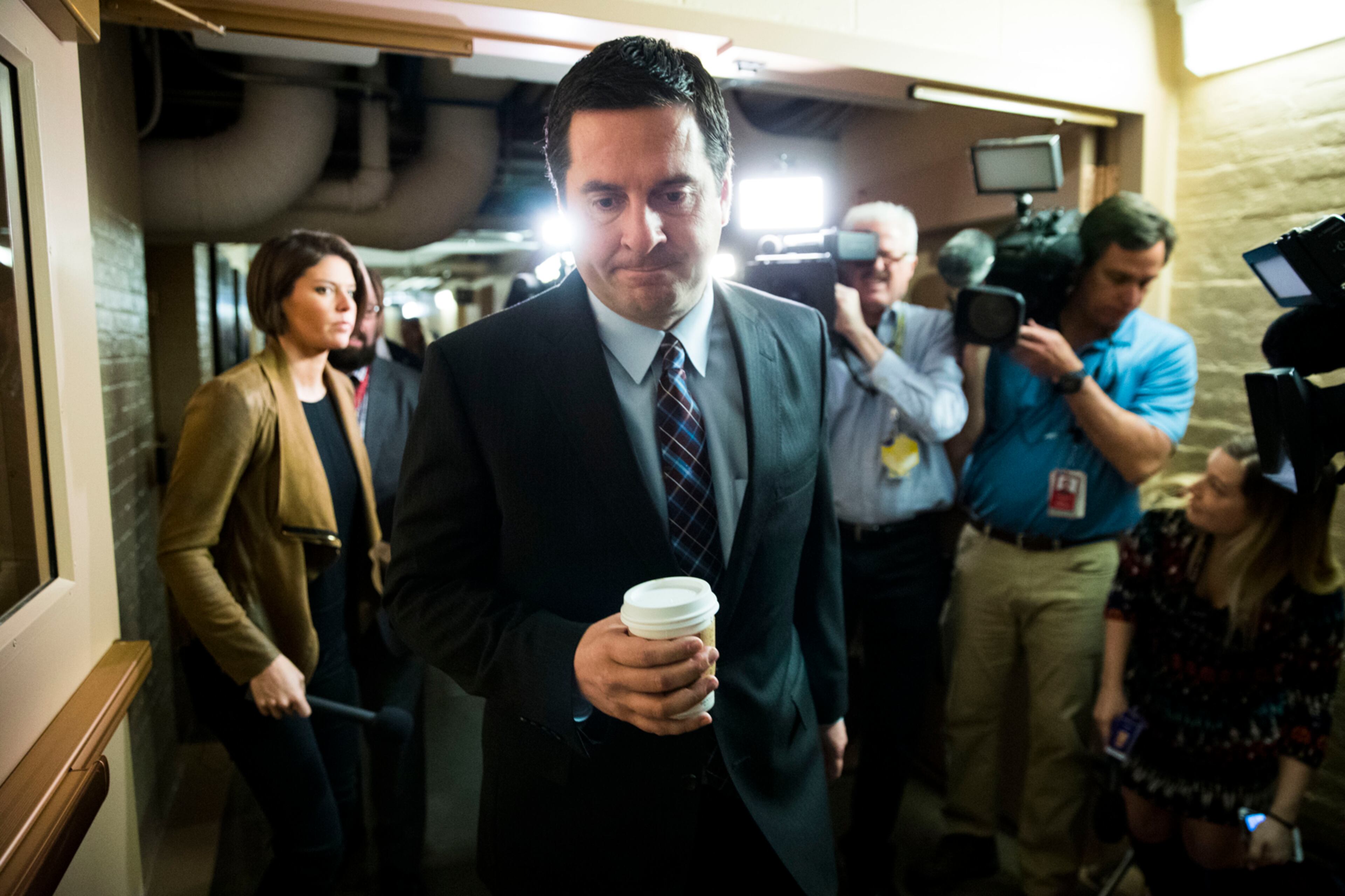 Rep. Devin Nunes of California, the Republican chairman of the House Intelligence Committee, walks past the media as he arrives for a House GOP Conference meeting on Capitol Hill in Washington, Tuesday, March 28, 2017. Top Democrats have rebuked Nunes for his secret meeting on the White House grounds to review intelligence related to surveillance involving President Trump?s team. (Doug Mills/The New York Times)