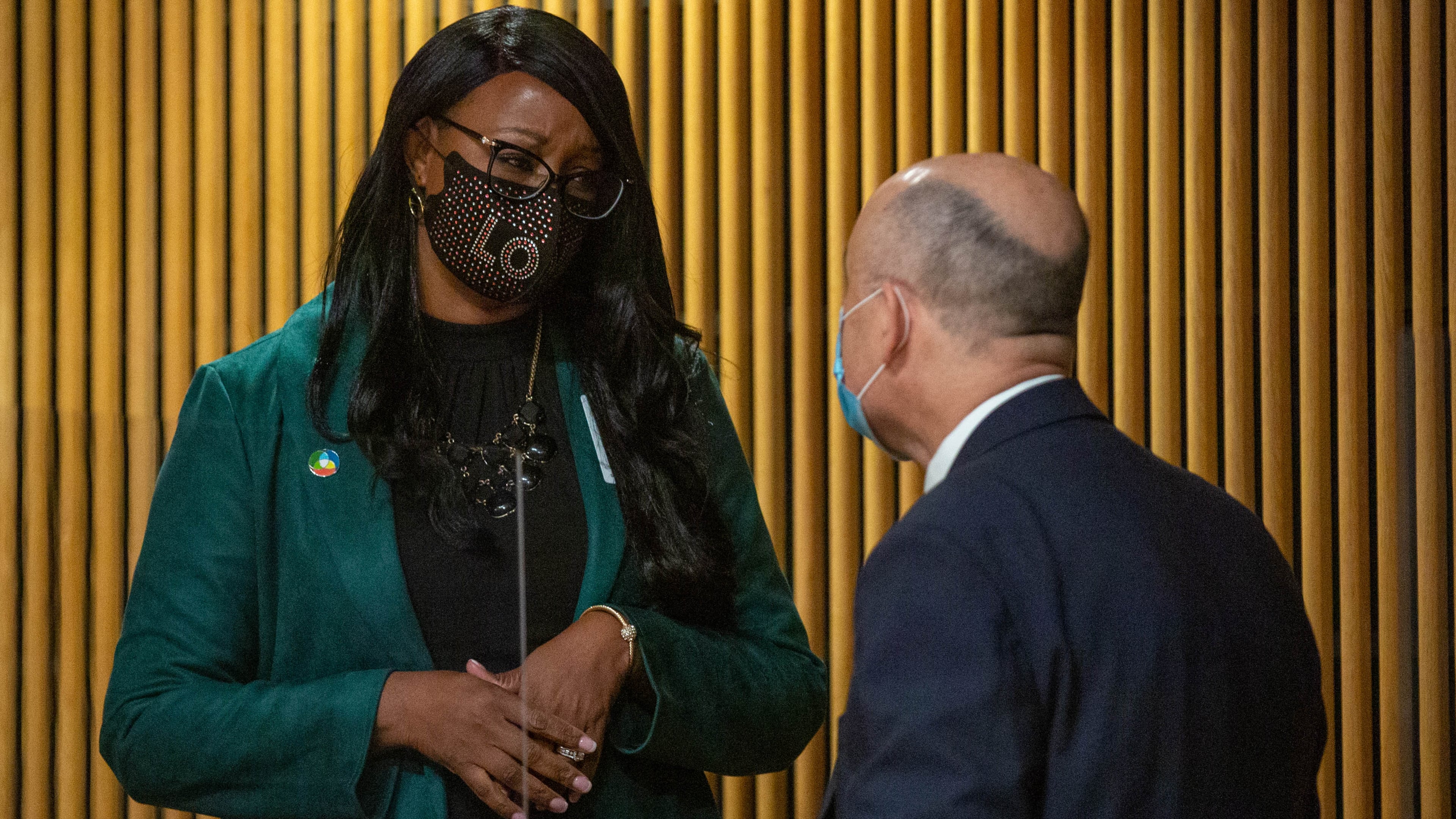 Chairwoman Nicole Hendrickson speaks to county attorney Mike Ludwiczak in January. Last week, Hendrickson ended a mask mandate in county buildings. (Rebecca Wright for the Atlanta Journal-Constitution) AJC FILE PHOTO