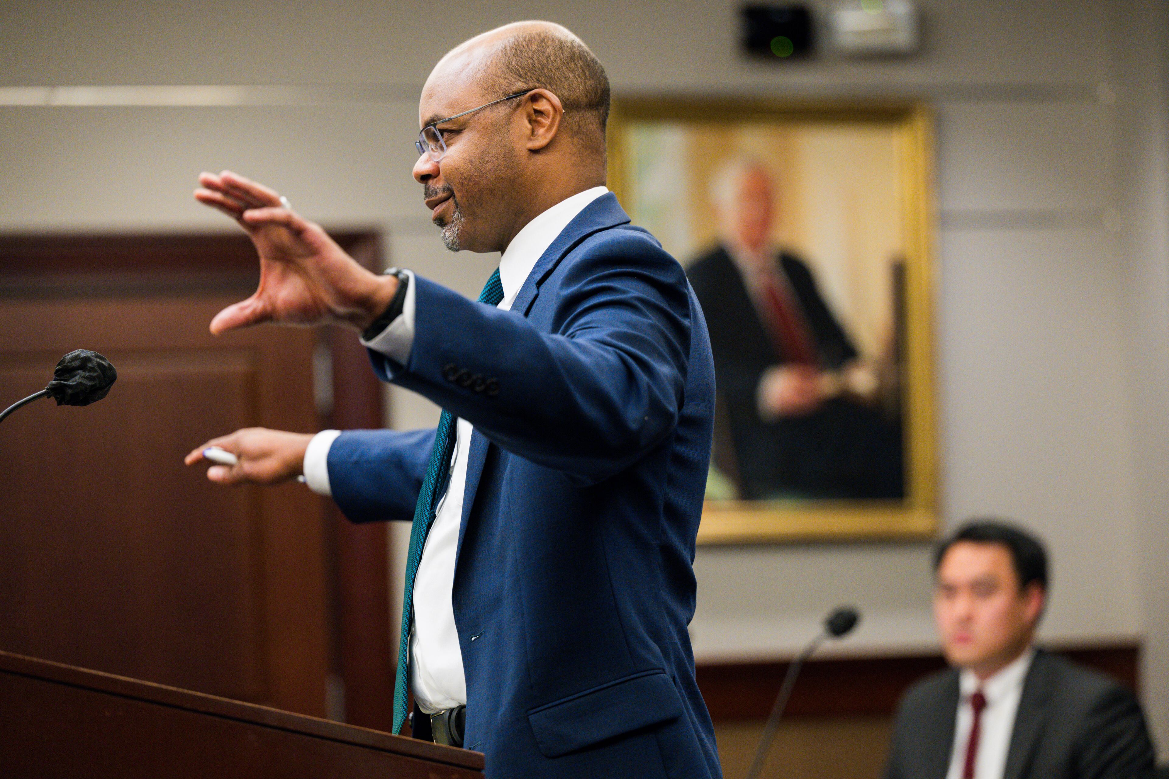 240306 MARIETTA, GA — Harold Melton, attorney for Mableton, presents arguments during a lawsuit hearing challenging the legality of the ballot question put to voters in 2022 to create the city of Mableton, at Cobb County Superior Court in Marietta, Ga., on Wednesday, March 6, 2024. The new city was created and is in the process of transitioning services now, so if the court rules the city was created illegally, it could theoretically undo the city altogether.
(Bita Honarvar for The Atlanta Journal-Constitution)