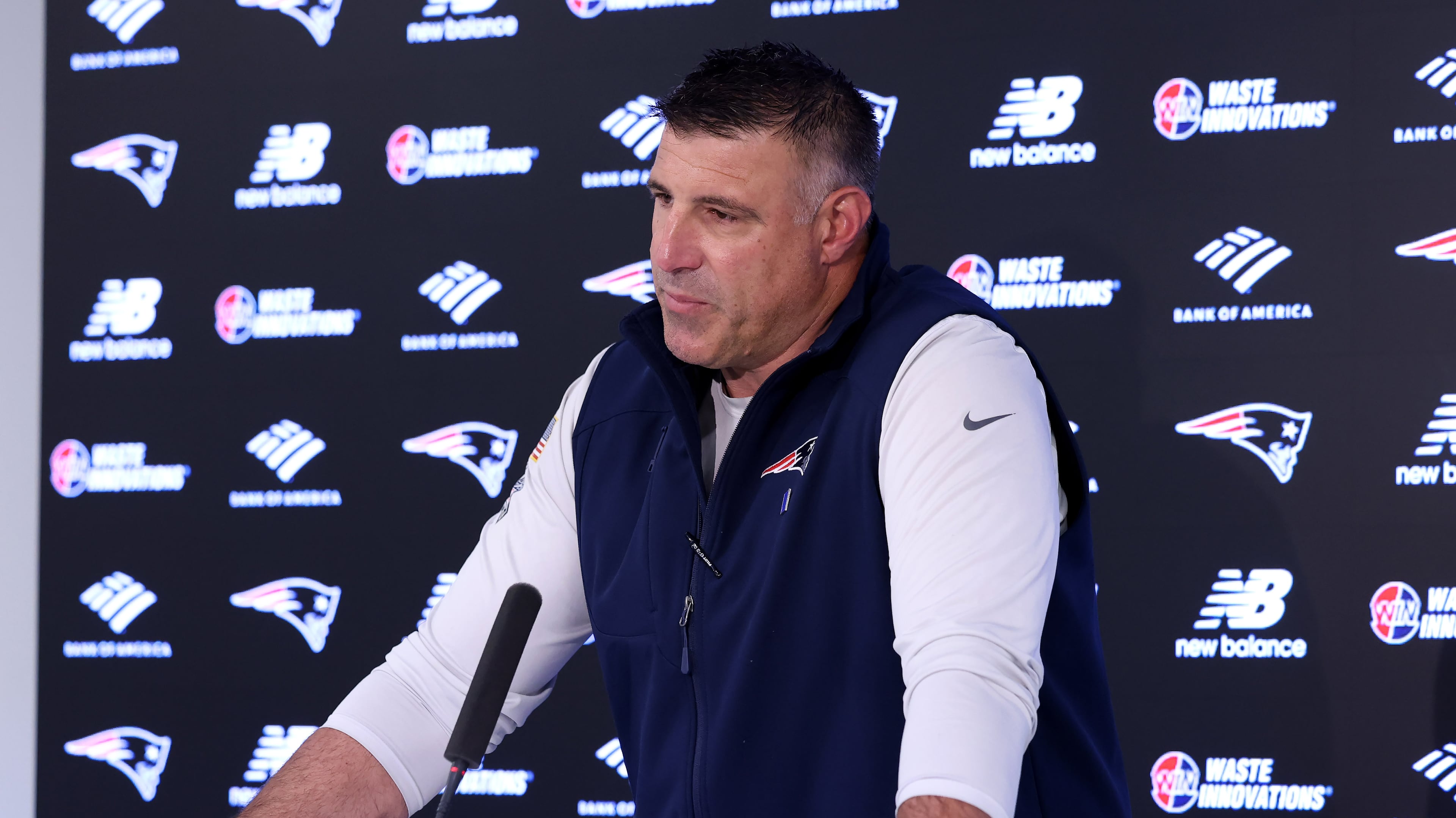 New England Patriots head coach Mike Vrabel speaks during an NFL football press conference, Tuesday, April 21, 2026, in Foxborough, Mass. (AP Photo/Mark Stockwell)