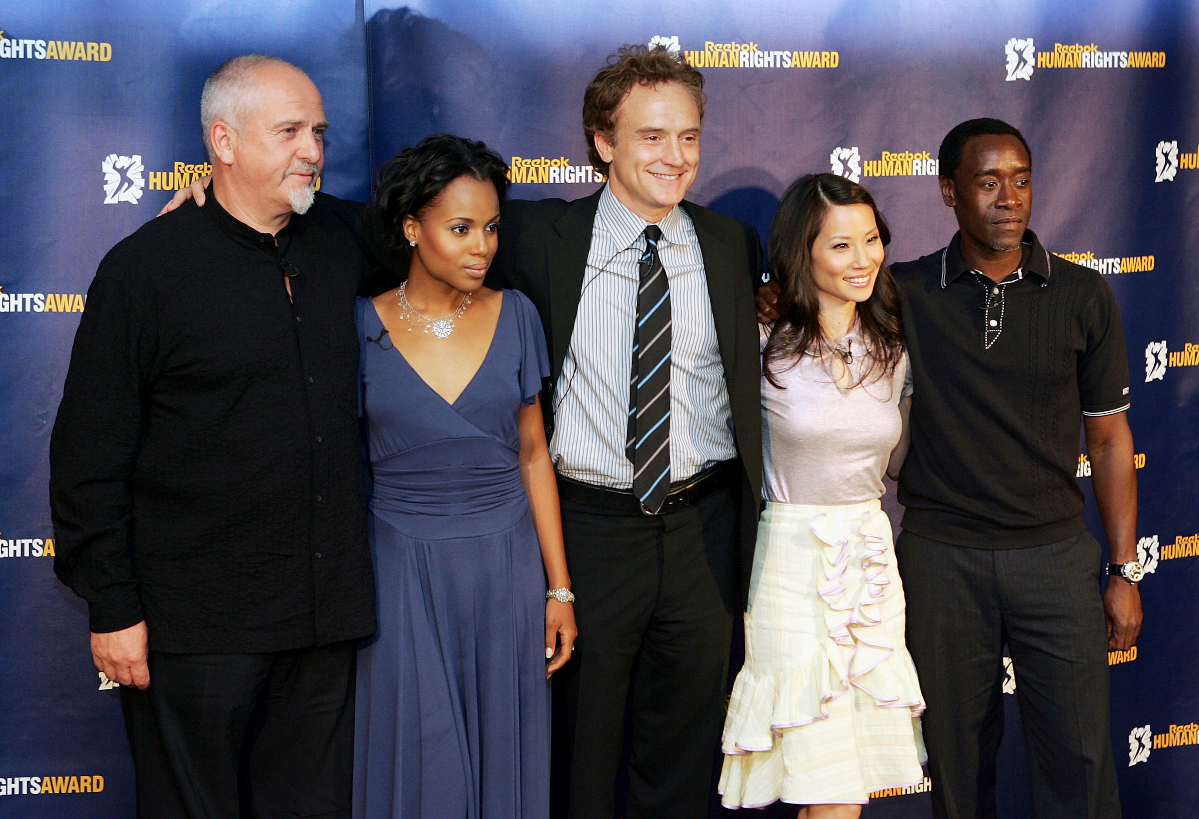 Musician/human rights activist Peter Gabriel, actors Kerry Washington, Bradley Whitford, Lucy Liu and Don Cheadle pose at the 2005 Reebok Human Rights Awards in Royce Hall at UCLA on May 11, 2005 in Los Angeles, California. (Photo by Kevin Winter/Getty Images)