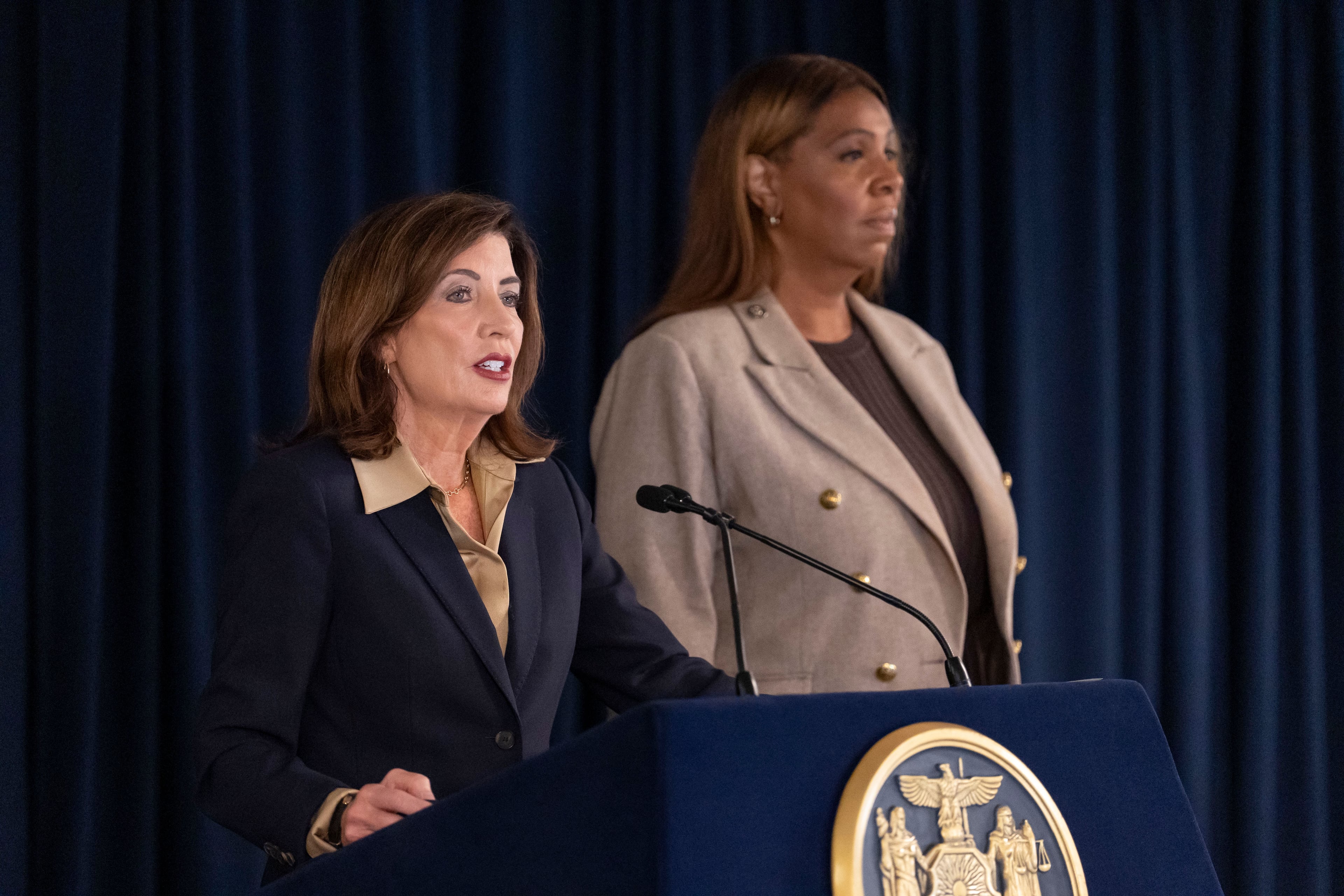 New York Governor Kathy Hochul speaks during a news conference with New York Attorney General Letitia James, Friday, Oct. 2, 2026, in New York. Hochul appointed James to lead the criminal investigation of the Cornell rape case. (Yuki Iwamura/AP)