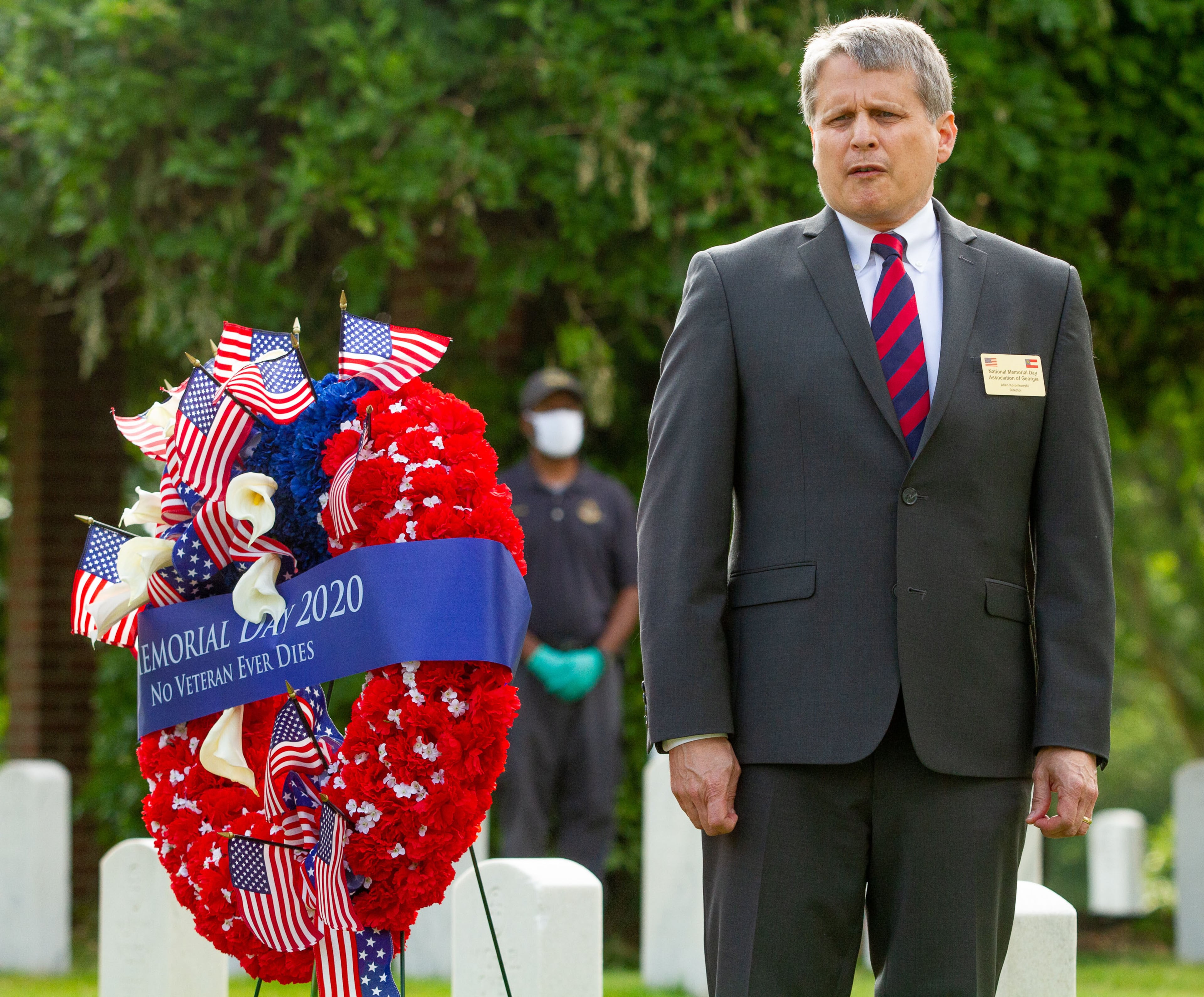 The National Memorial Day Association of Georgia Director Allen Koronkowski speaks at a wreath-laying ceremony at the Marietta National Cemetery Monday, May 25, 2010. STEVE SCHAEFER FOR THE ATLANTA JOURNAL-CONSTITUTION