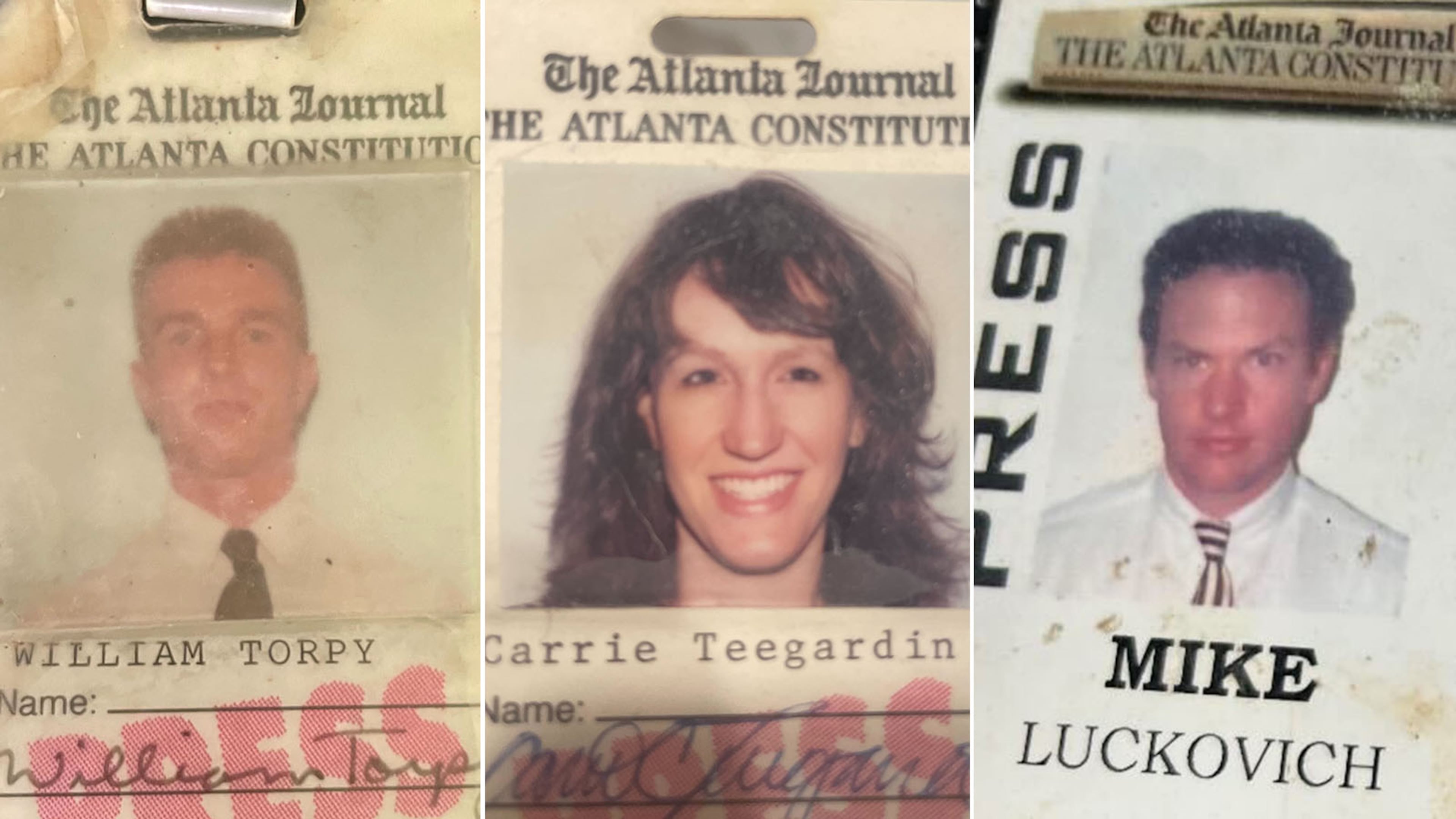 The Atlanta Journal-Constitution press badges for Bill Torpy (from 1990); Carrie Teegardin (1989) and Mike Luckovich (1996). AJC