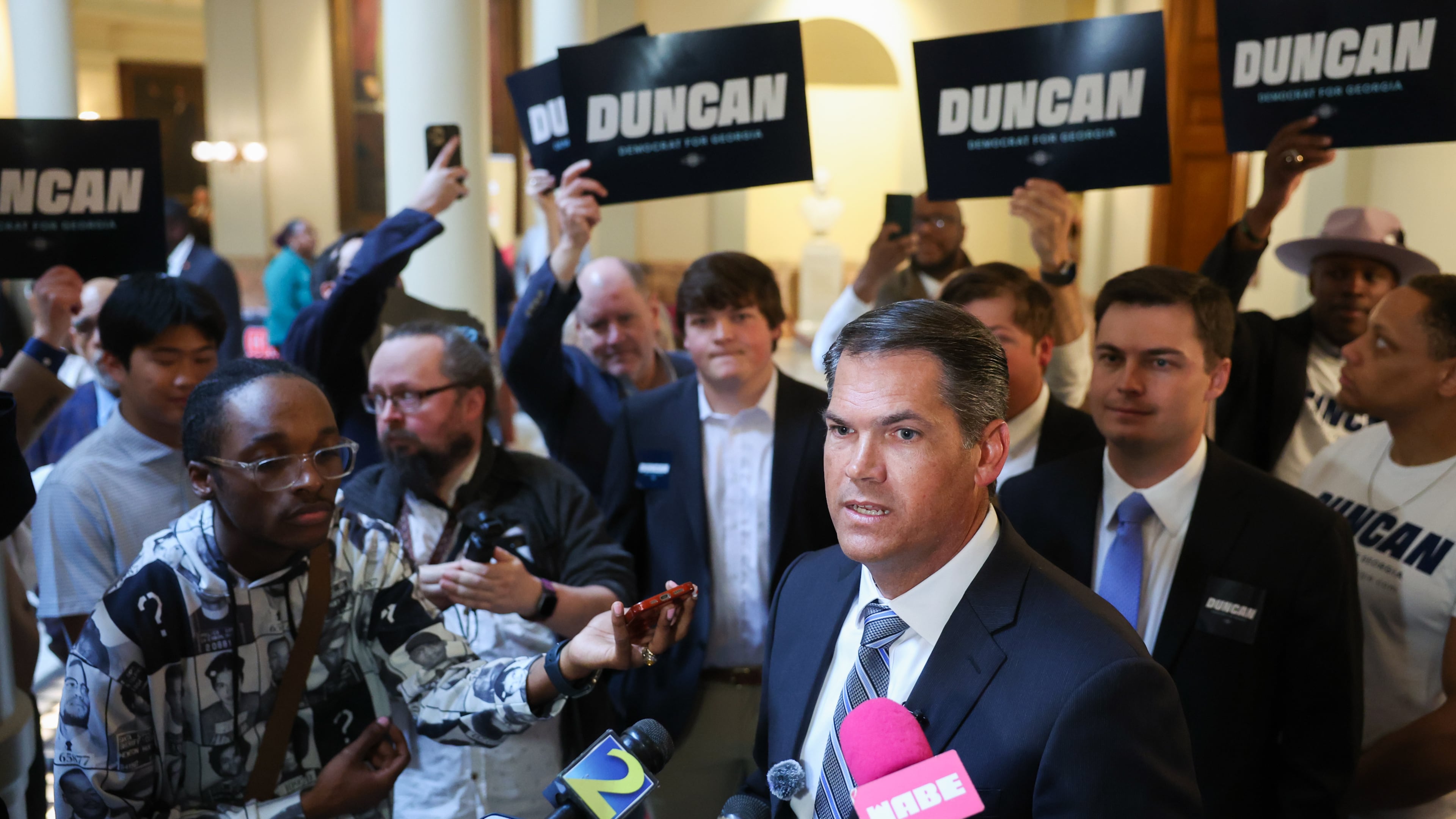 Democratic candidate for governor Geoff Duncan speaks to reporters after filing paperwork to run for election at the Capitol in Atlanta on Tuesday, March 3, 2026. (Arvin Temkar/AJC)