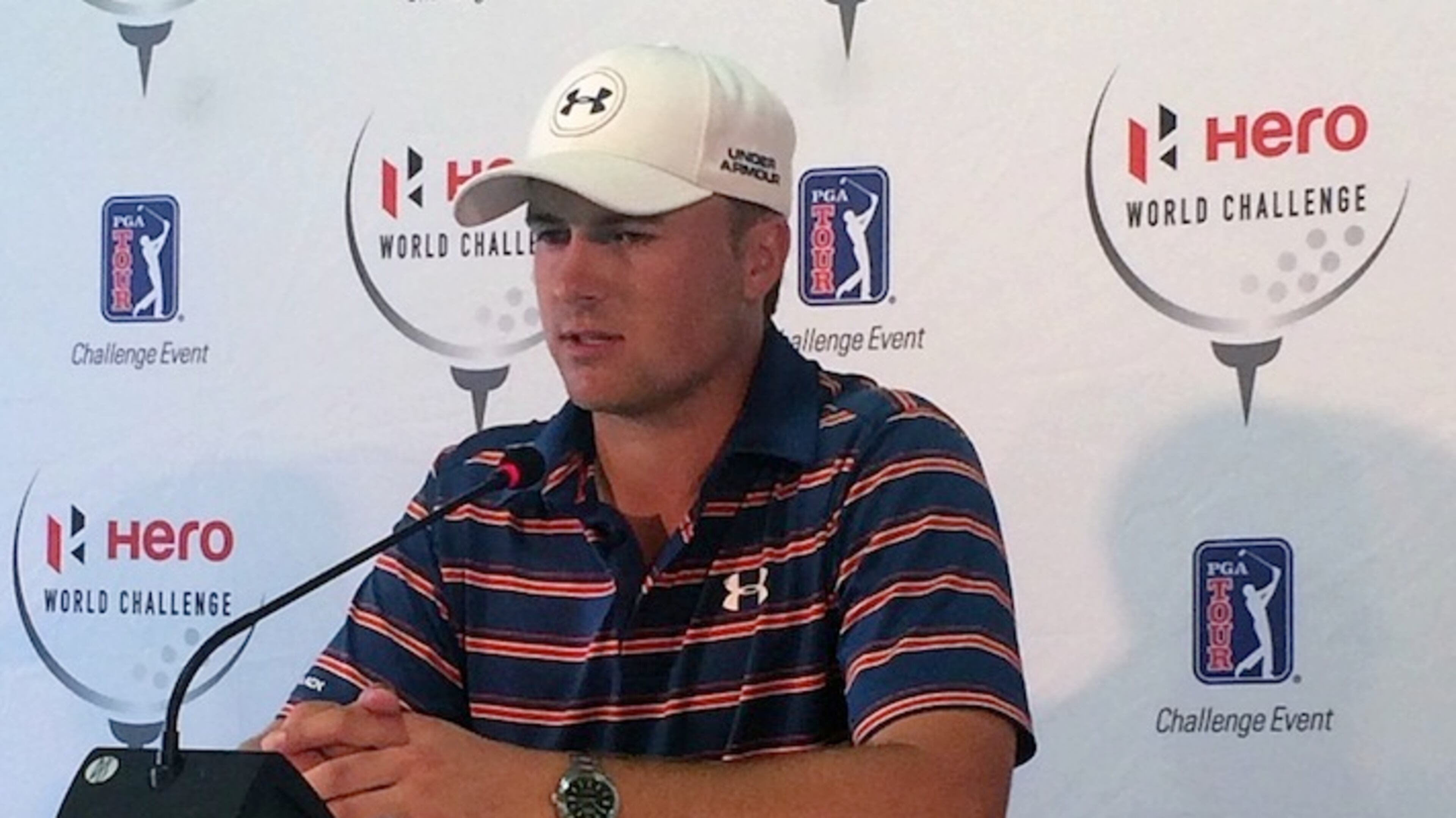 Jordan Spieth speaks during a press conference at the PGA Tour's Hero World Challenge golf tournament in Albany, Bahamas, Wednesday, Dec. 2, 2015. (AP Photo/Doug Ferguson)