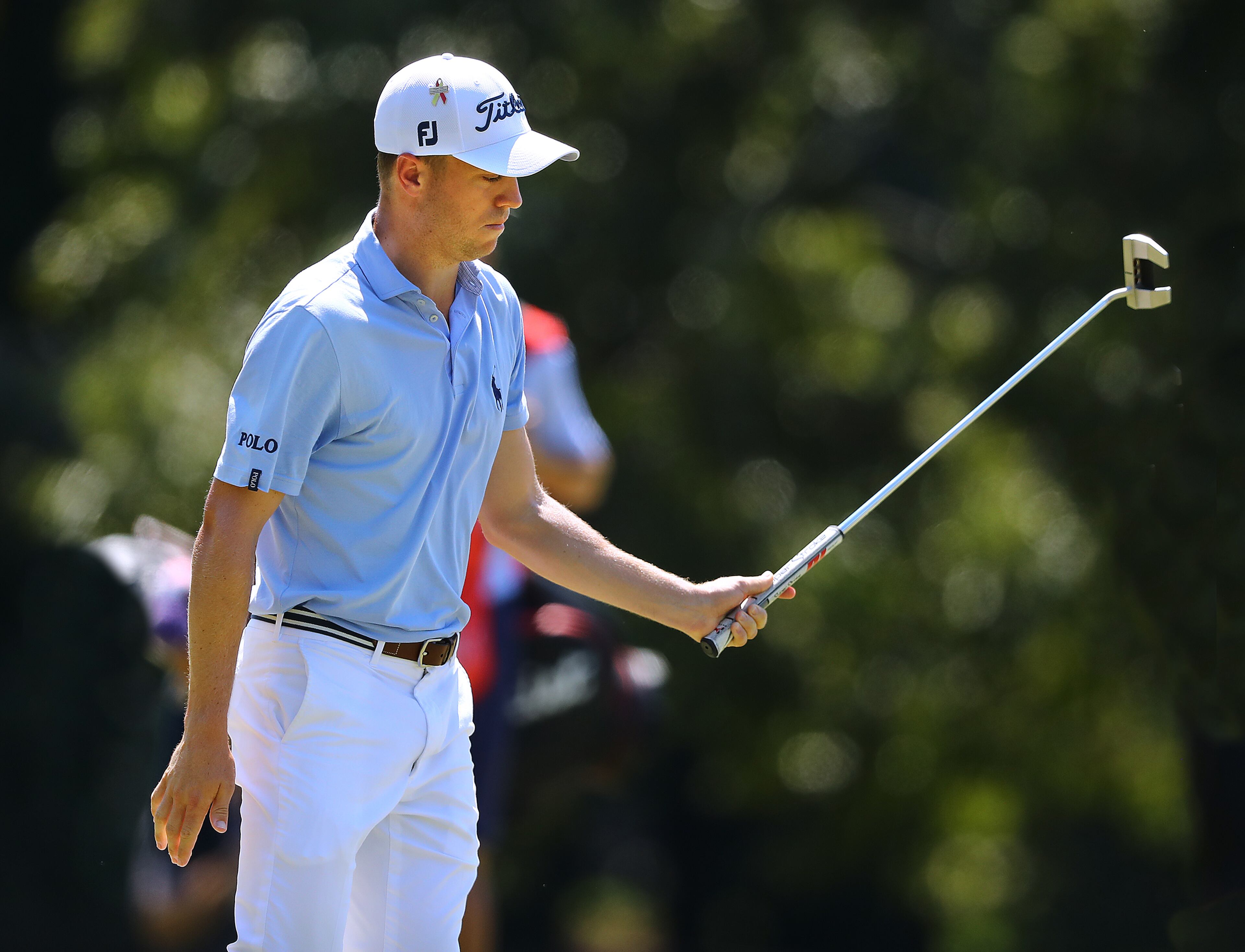 Justin Thomas reacts to sinking his birdie putt on the third hole during the final round of the Tour Championship at East Lake Golf Club on Monday, Sept. 7, 2020 in Atlanta. Curtis Compton / Curtis.Compton@ajc.com