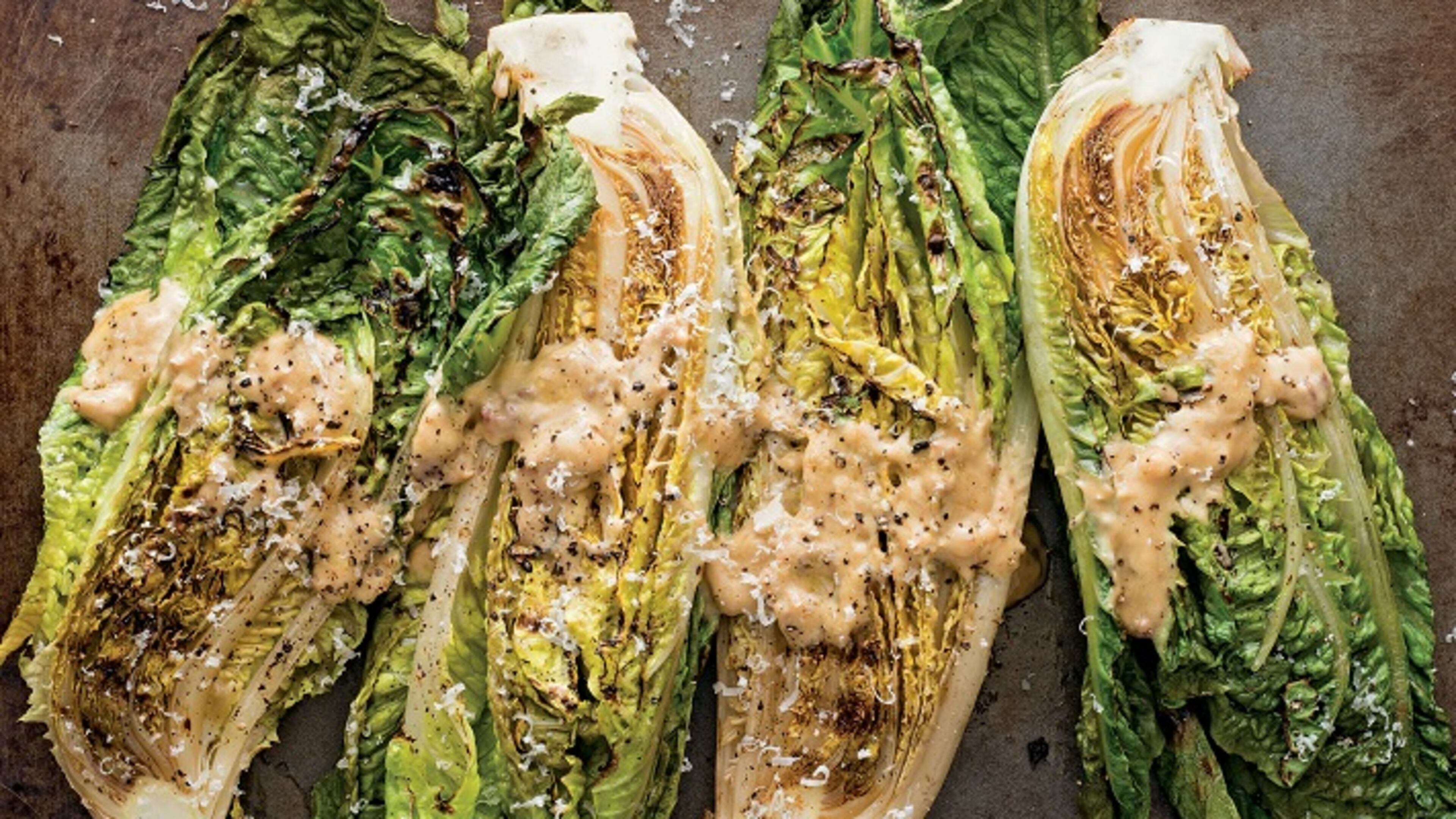 Grilled Romaine With Anchovy-Mustard Vinaigrette, fro m"Williams-Sonoma Grill School," by Andrew Schloss and David Joachim (Weldon Owen)