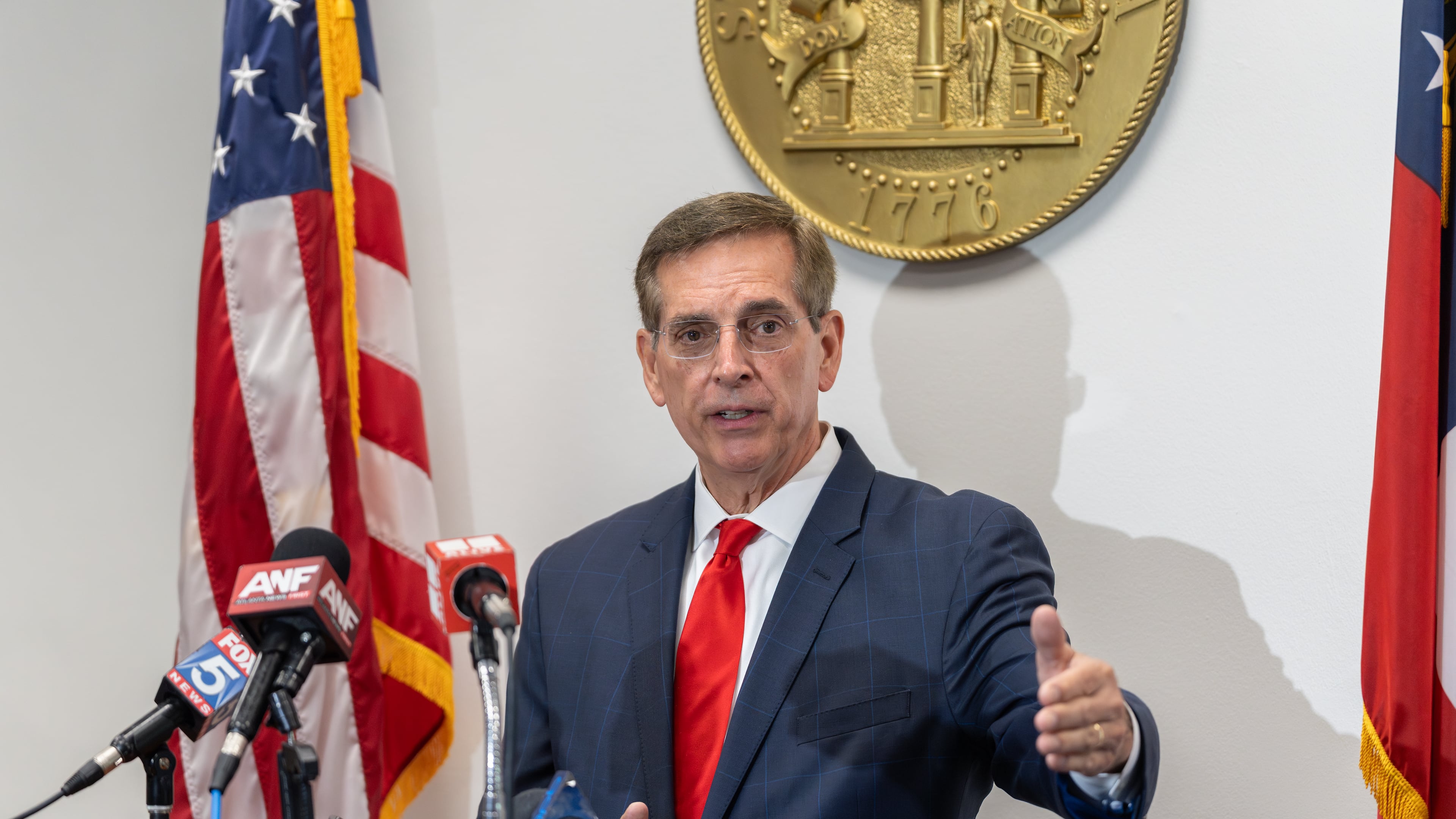 Georgia Secretary of State Brad Raffensperger takes questions from the media during an Election Day press conference. Tuesday, May 19, 2026 (Ben Hendren for the AJC)