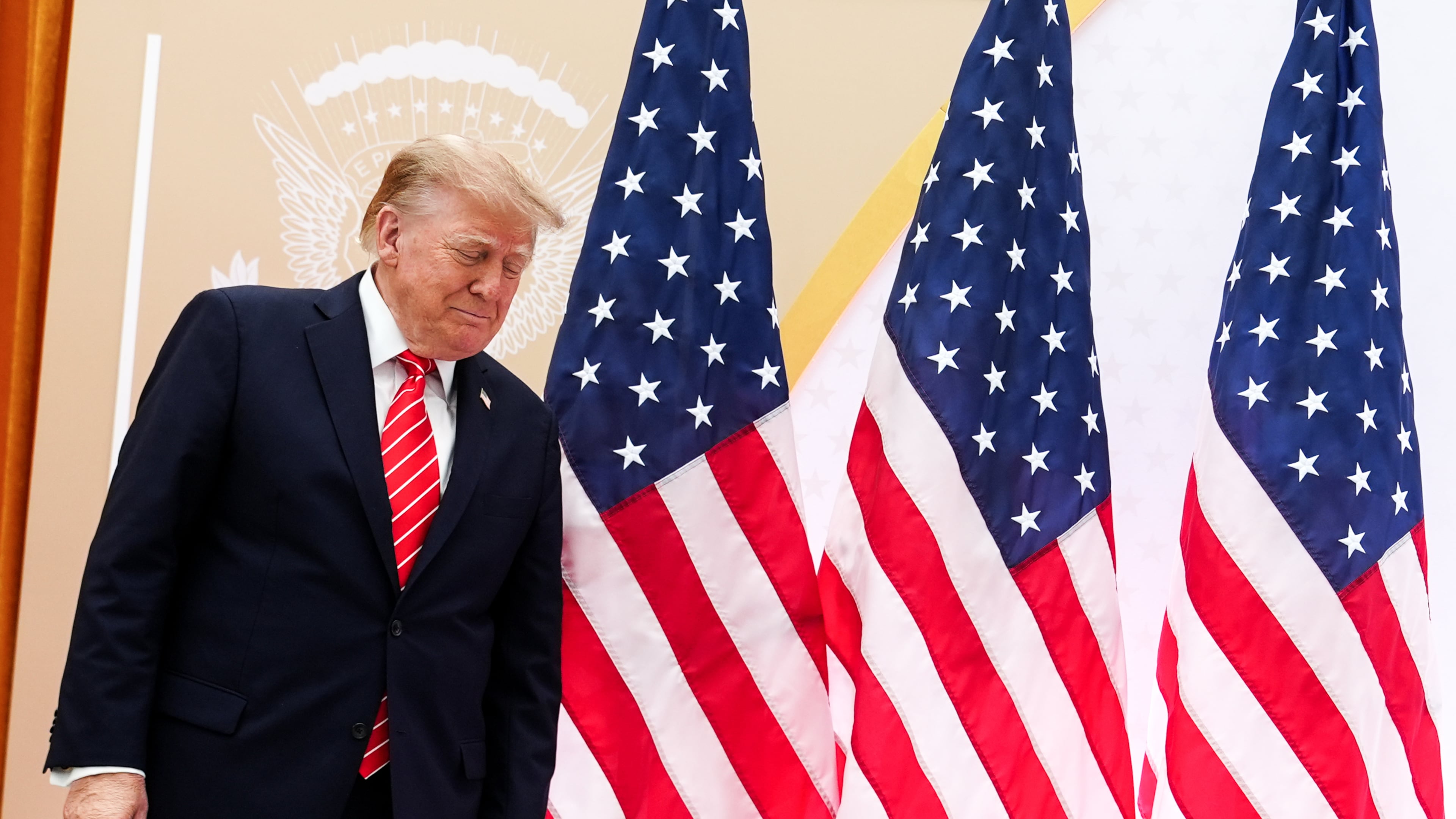 President Donald Trump arrives to speak at the U.S. Institute of Peace, Thursday, Oct. 8, 2026, in Washington. (AP Photo/Julia Demaree Nikhinson)
