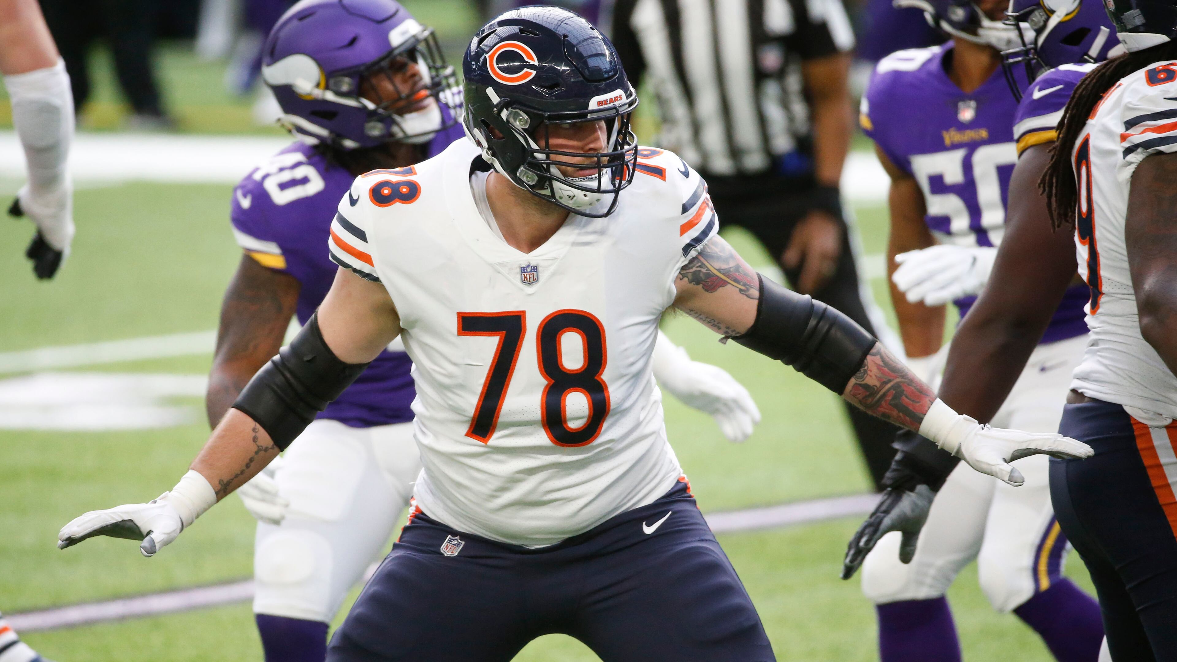 Bears offensive tackle Jason Spriggs (78) looks to make a block during the first half against the Minnesota Vikings, Sunday, Dec. 20, 2020, in Minneapolis. (Bruce Kluckhohn/AP)