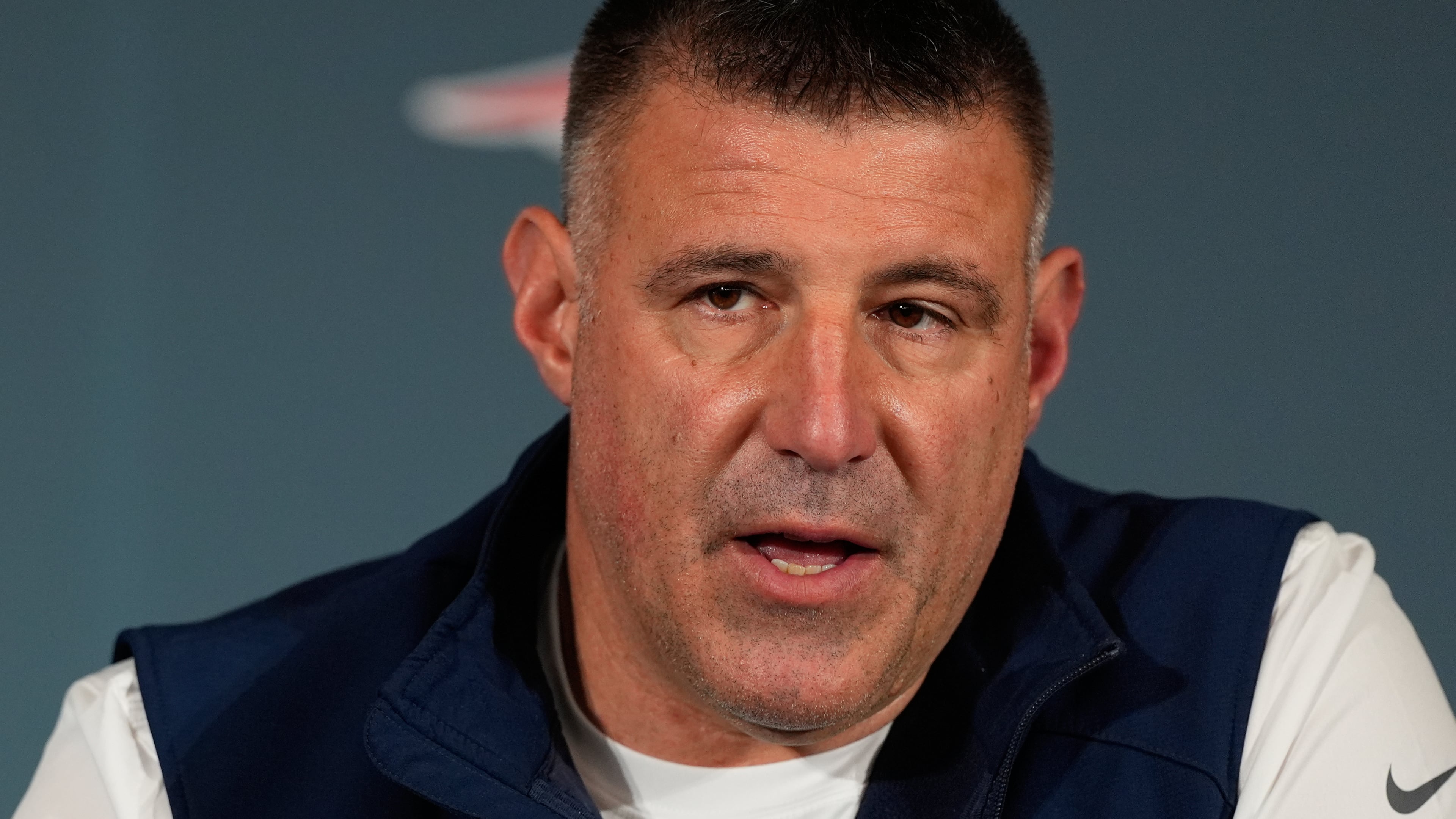 New England Patriots head coach Mike Vrabel talks to the media during a news conference Wednesday, Feb. 4, 2026, in Santa Clara, Calif., ahead of the Super Bowl 60 NFL football game between the Seattle Seahawks and the New England Patriots. (AP Photo/Charlie Riedel)