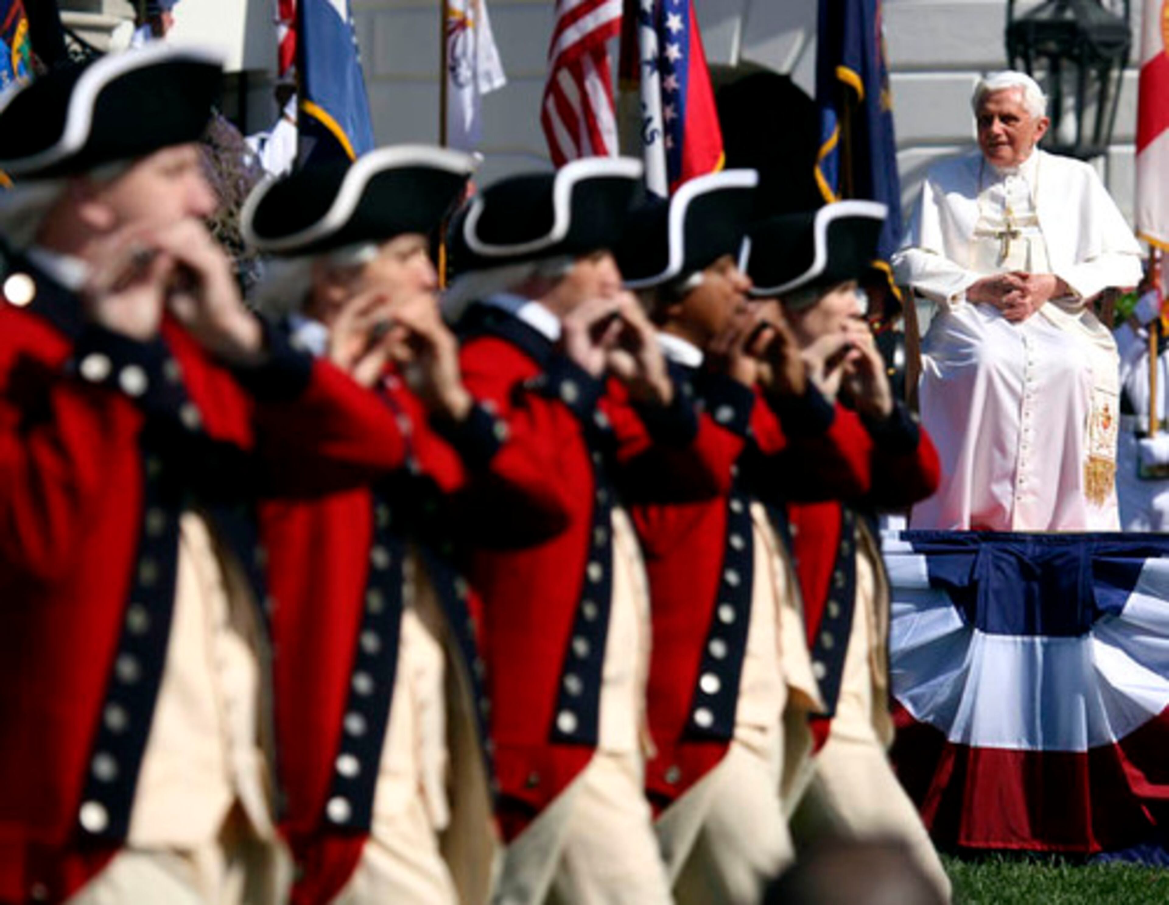 Pope Benedict XVI looks on during a welcoming ceremony at the White House, Wednesday, April 16, 2007. Bush welcomed the pontiff offering assurances that the United States is a nation of prayer and that its people are open to his message of hope.